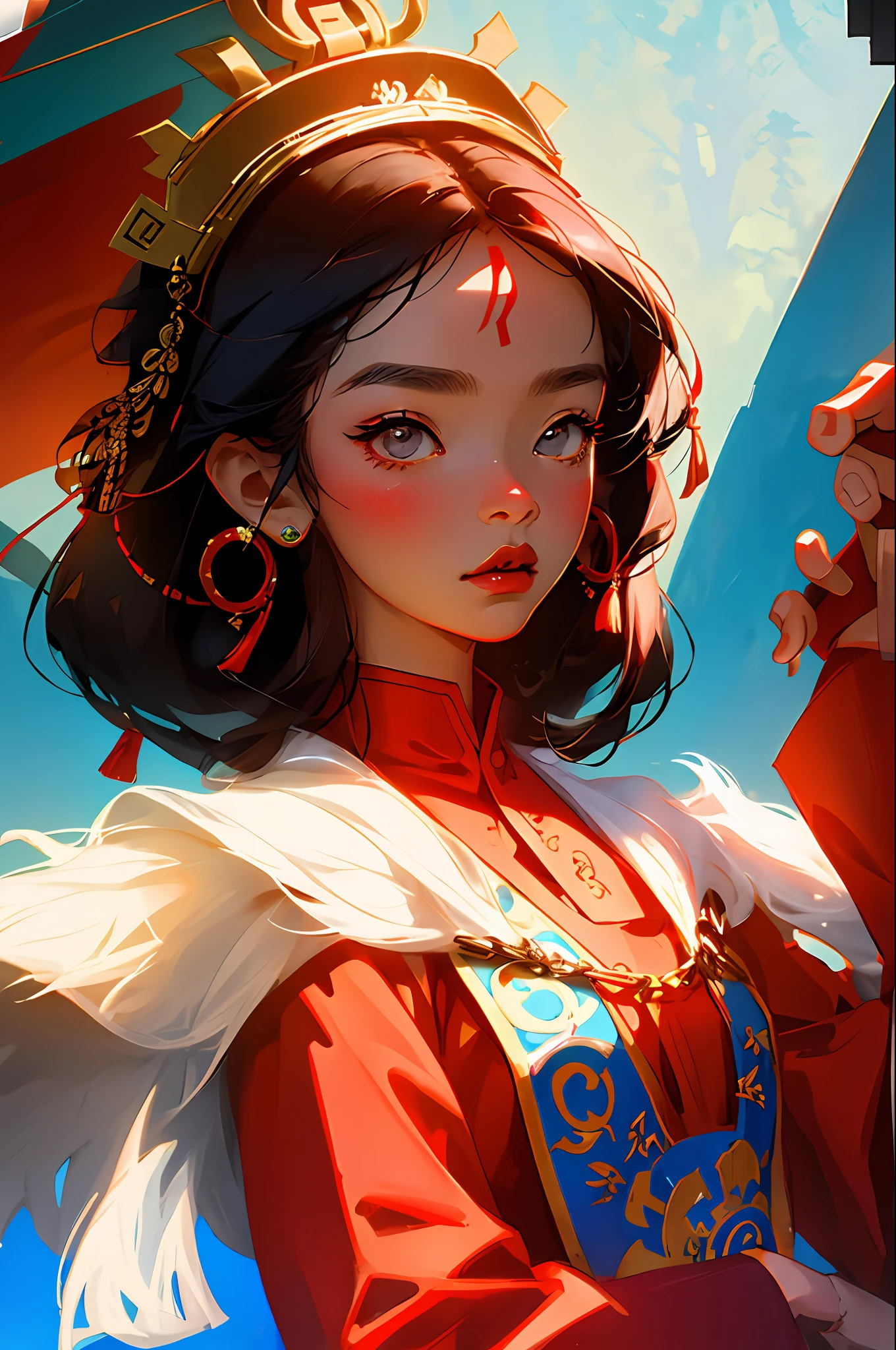(Face close-up: 1.3), avatar close-up, Yunnan Naxi costume woman, Yunnan Naxi clothing, Yunnan clothing, trend, modern, red background, black and white fluorescent color, flat style, minimalism, flat illustration, Tsuruta Ichiro style,