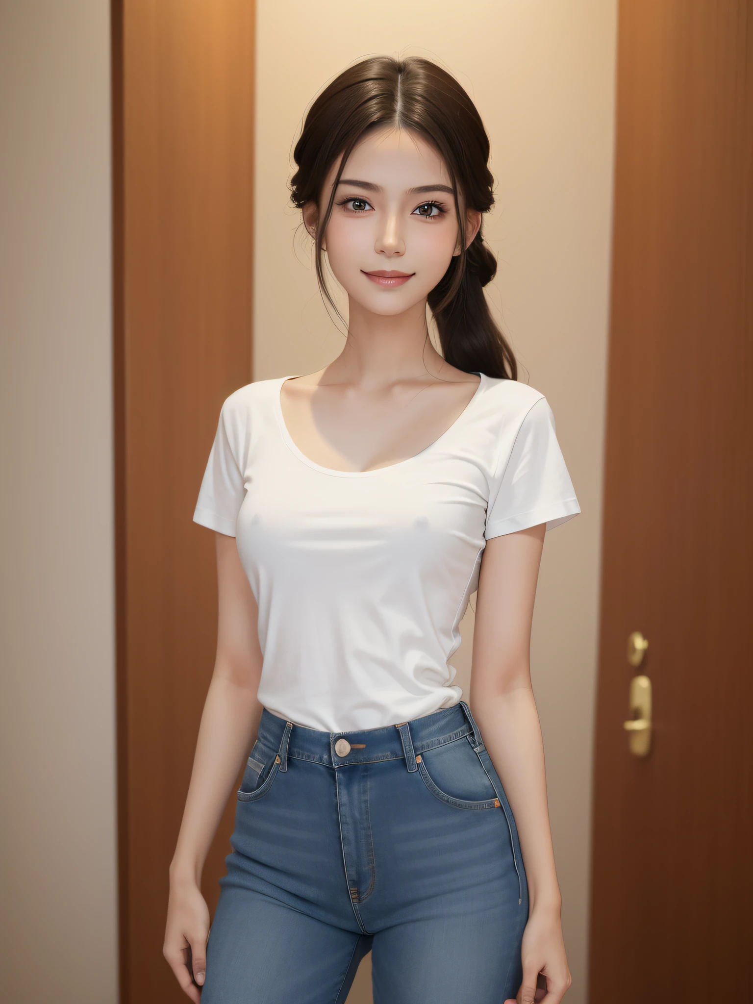8k, Perfect human body, Real person, Photorealistic, RAW photo, Real human face, Real human face skin, 17yearsold, tall girl, slim body, small breasts (looking at the camera with pure love eyes with shy smile), showing the whole body, up do hairstyle, no makeup, beautiful white skin, real human black cute eyes, cute face, movie lighting, wearing white thin fabric t-shirt with no bra, visible clearly crisp standing nipple through the shirt, wearing jeans, stick out her chest posing, standing with chest up, hands outstretched behind