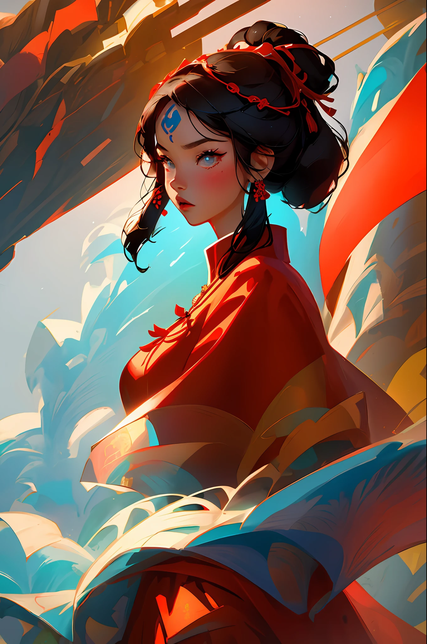(Face close-up: 1.3), avatar close-up, Yunnan Naxi costume woman, Yunnan Naxi clothing, Yunnan clothing, trend, modern, red background, black and white fluorescent color, flat style, minimalism, flat illustration, Tsuruta Ichiro style,
