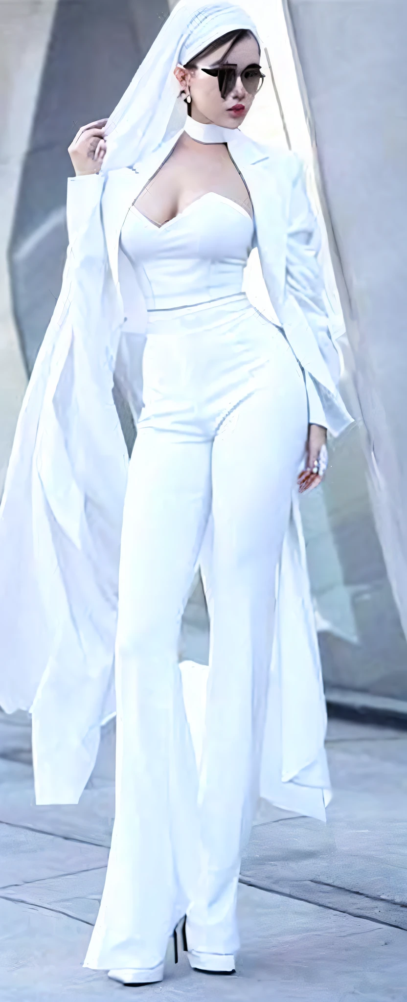 A woman in white pants and black top is posing, white pants, big pants, smooth white tights suit, smooth white, white clothing, white fashion clothes, detailed white, white suit, glossy white, white leggings, all white pants, white clothes, white and black, skinny waist and chunky hips, white silk clothing, closed black high heels