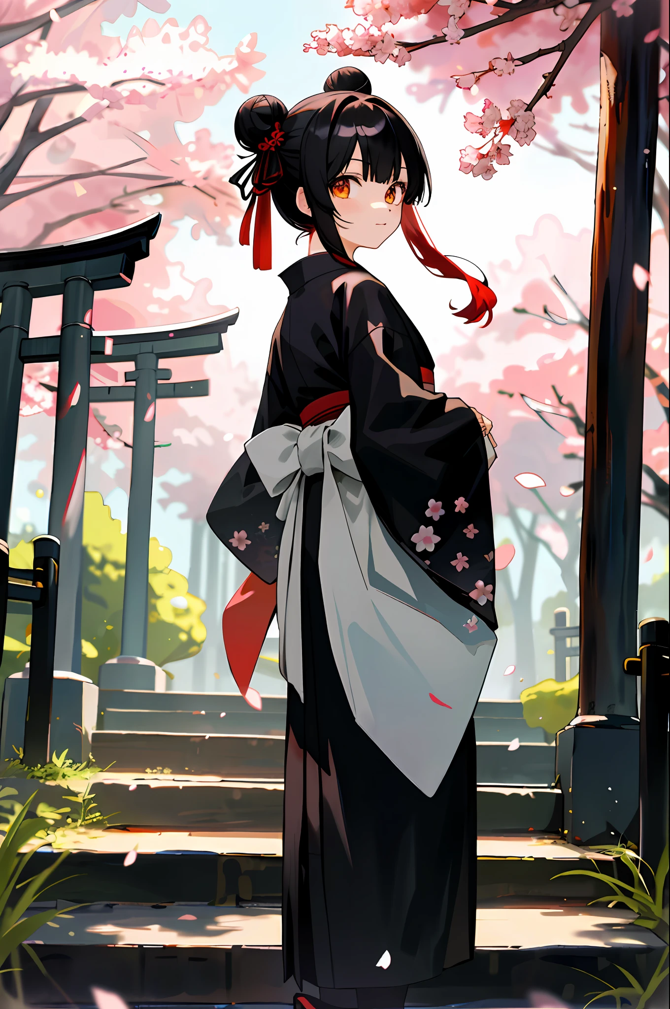 ((masterpiece,best quality)),2girls, black kimono, black legwear, black ribbon, black hair, cherry blossoms, day, flower, hair bun, hair ribbon, japanese clothes, kimono, long hair, looking at viewer, looking back, belt, outdoor, red eyes, red hair, ribbon, sandals, single bun, stairs, standing, statue, torii, tree, white kimono, yellow eyes
