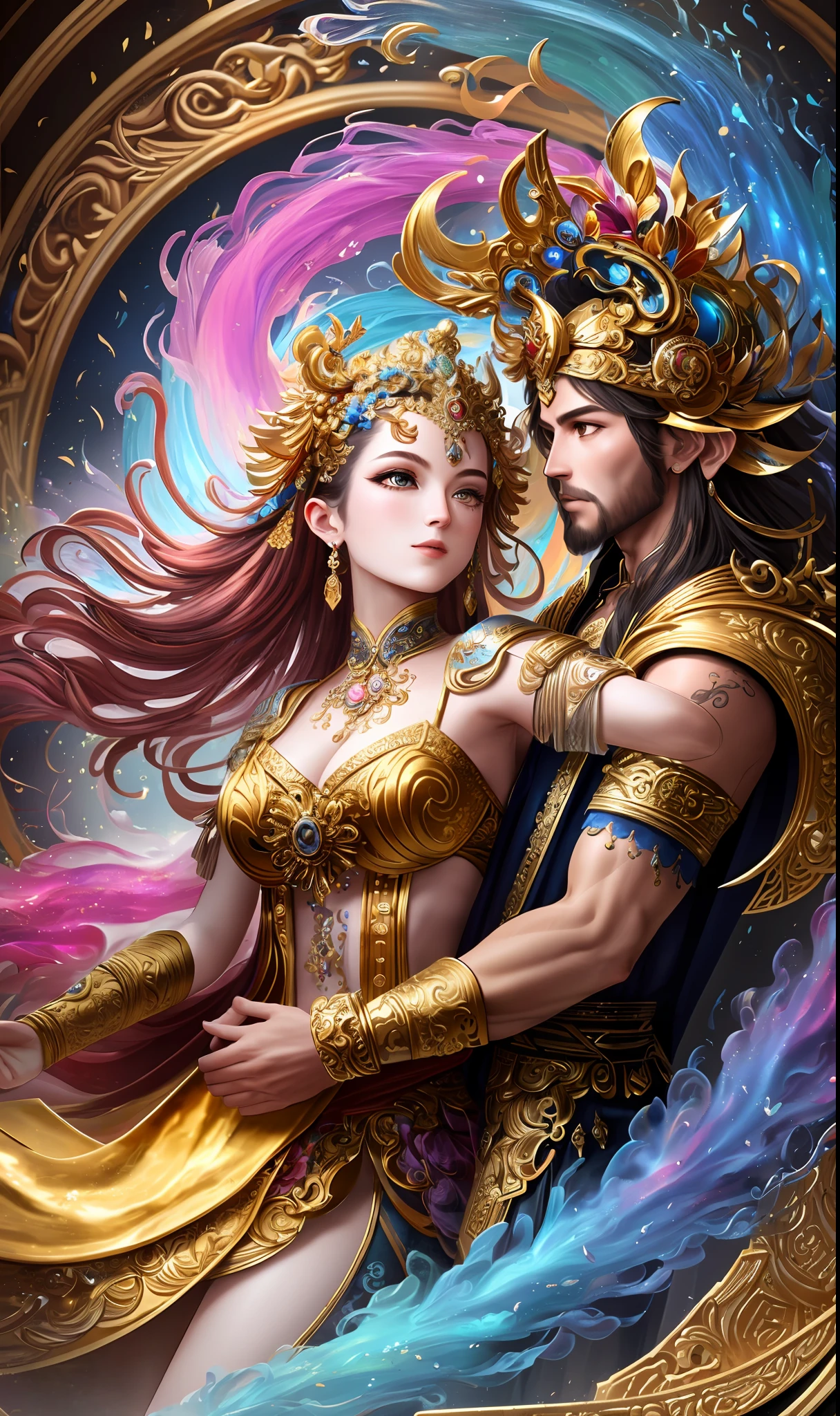 Two lovers, one is the monkey Monkey King and the other is Zixia Fairy, as a neural network embrace, beauty, intricate details, cinematic lighting, beautiful concept art, surrealism, art station, the source of future growth large pattern, Sistine Chapel ceiling, 8k graphics, super sharp, Rococo style spirals and swirls, swirl decoration, white smoke and rainbow ink dripping in water, golden black and iridescent colors, golden ratio, no blur, sharp focus, photorealistic realism, exceptionally detailed and intricate, Cinematic lighting, epic scenes, 8K