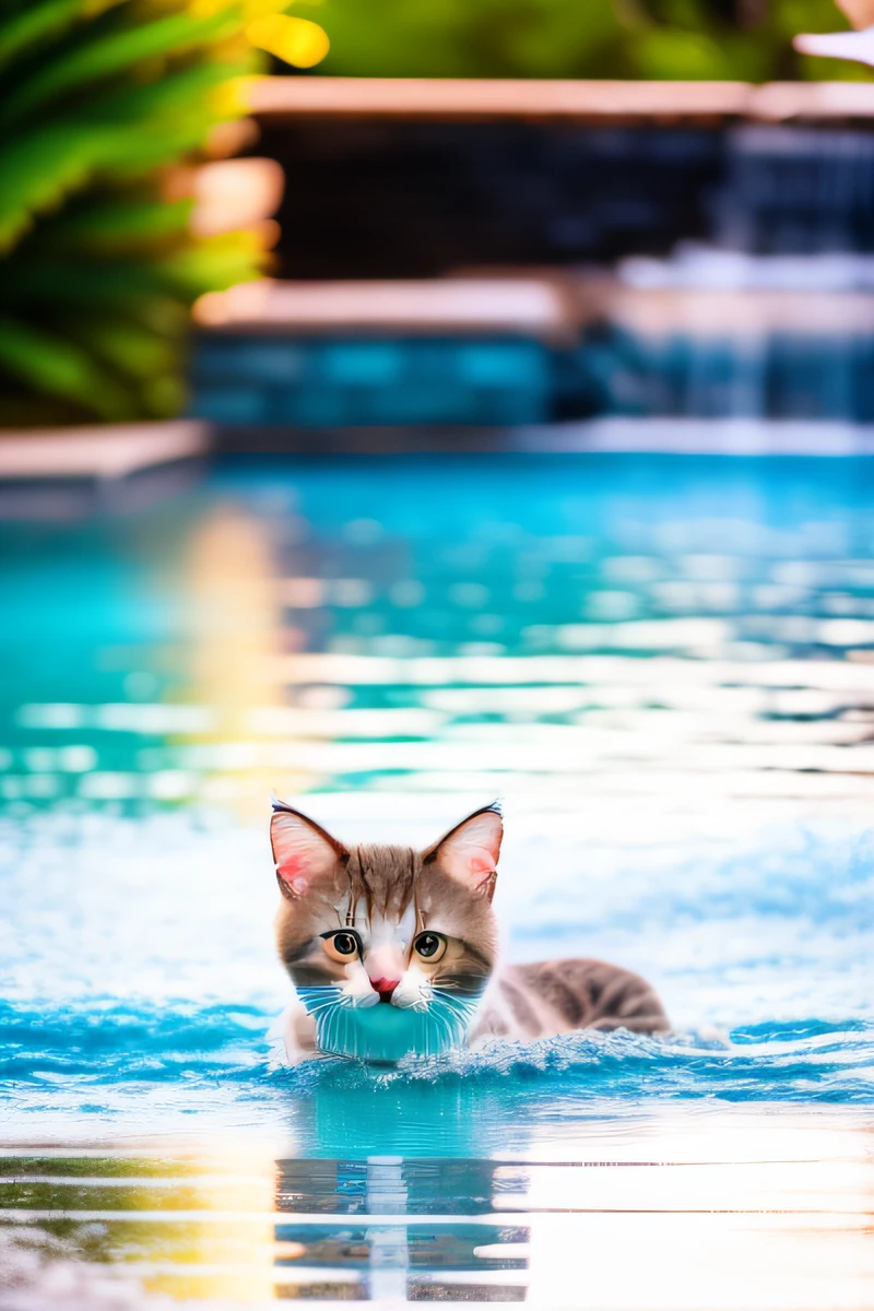 Cute Ameriican Curl cat kitten, swimming in the pool,eos r3,24mm,body is wet