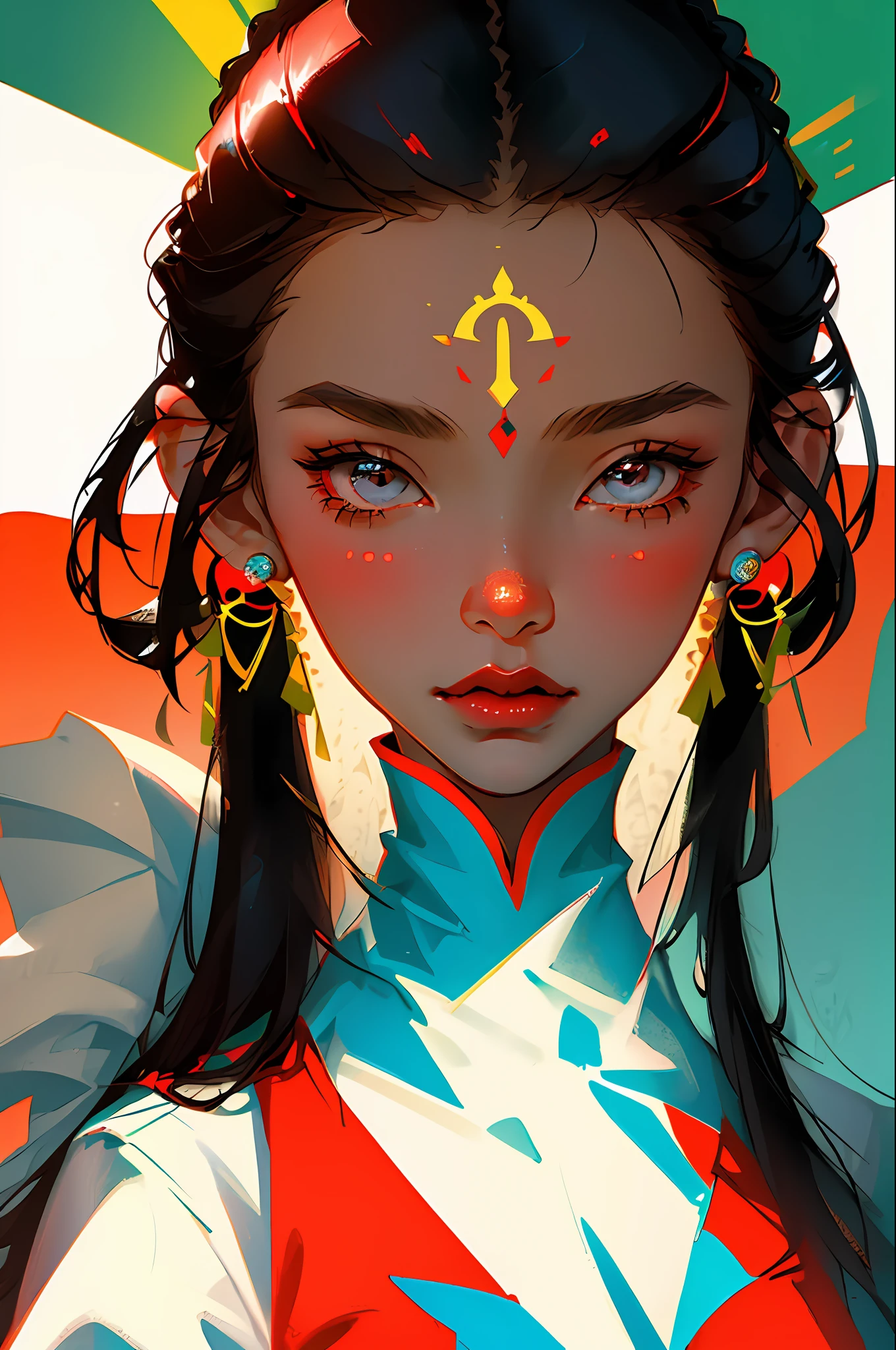 (Face close-up: 1.3), avatar close-up, Tibetan woman, Tibetan clothing, Tibetan decoration, trend, modern, red background, black and white fluorescent color, flat style, minimalism, graphic illustration, Tsuruta Ichiro style,