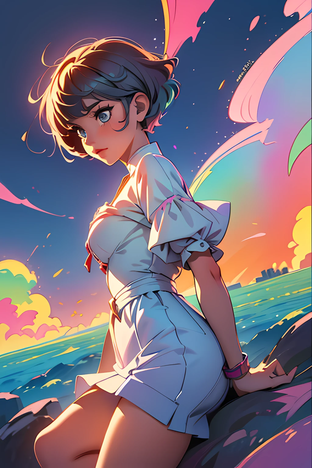 (1girl), (masterpiece:1.3), top quality, vibrant painting, movie light effect, splashes jumped on canvas, watercolor, graphite, magnificent art, 8k UHD, (HDR+), 0.4], colorful short hair (painted+well drawn), wearing magnificent expensive designer clothes.