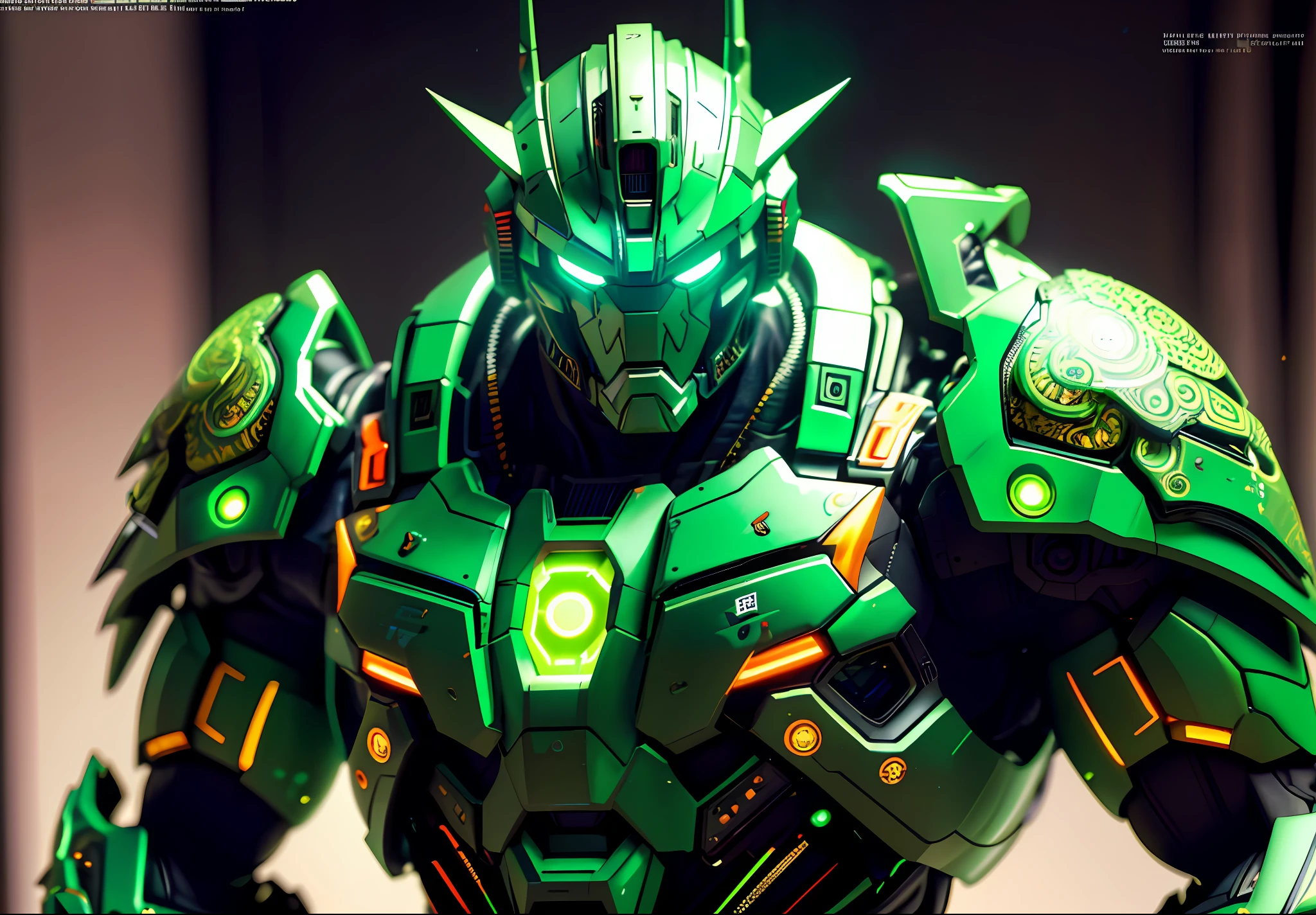 ultrarealistic portrait of a Green Zaku, 8K photographic style, sharp focus, dramatic lighting, super vibrant, neon accents, highly detailed and intricate, cinematic, cgsociety, --ar 1:1 --niji 5