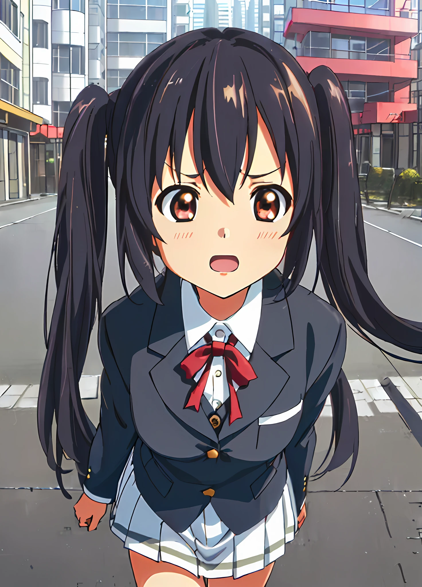 1girl, ((((Masterpiece))), Best Quality, Best Quality, High Detail, Azusa Nakano, 1girl, Sakuragaoka High School Uniform, Musical Instrument, School Uniform, Twin Tails, Long Hair, Black Hair, Brown Eyes, Solo, Red, Dark blue blazer with a thin ribbon of red, Solid white button shirt under blazer, Illustration, Cartoon, Soothing tones, Muted colors, Soft cinematic light, Adobe Lightroom, Photo Lab, HDR, complex and highly detailed, (((depth of field))))). (((Masterpiece))). (((highest quality))).) ((super detail))). (((Illustration))). (((Outside))). (((fighting stance))).,((((Giantization))).dynamic focus.small breasts. (((skyscrapers))). (((Cityscape))). (((Face of sadness))). open mouth.