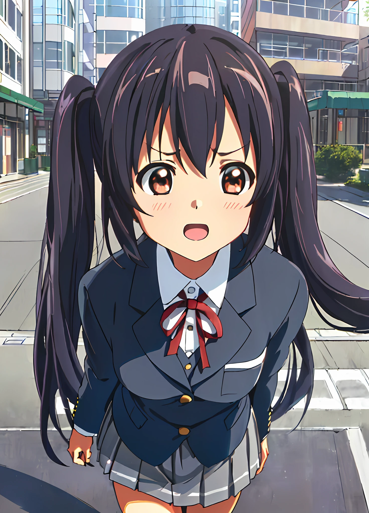 1girl, ((((Masterpiece))), Best Quality, Best Quality, High Detail, Azusa Nakano, 1girl, Sakuragaoka High School Uniform, Musical Instrument, School Uniform, Twin Tails, Long Hair, Black Hair, Brown Eyes, Solo, Red, Dark blue blazer with a thin ribbon of red, Solid white button shirt under blazer, Illustration, Cartoon, Soothing tones, Muted colors, Soft cinematic light, Adobe Lightroom, Photo Lab, HDR, complex and highly detailed, (((depth of field))))). (((Masterpiece))). (((highest quality))).) ((super detail))). (((Illustration))). (((Outside))). (((fighting stance))).,((((Giantization))).dynamic focus.small breasts. (((skyscrapers))). (((Cityscape))). (((Face of sadness))). open mouth.
