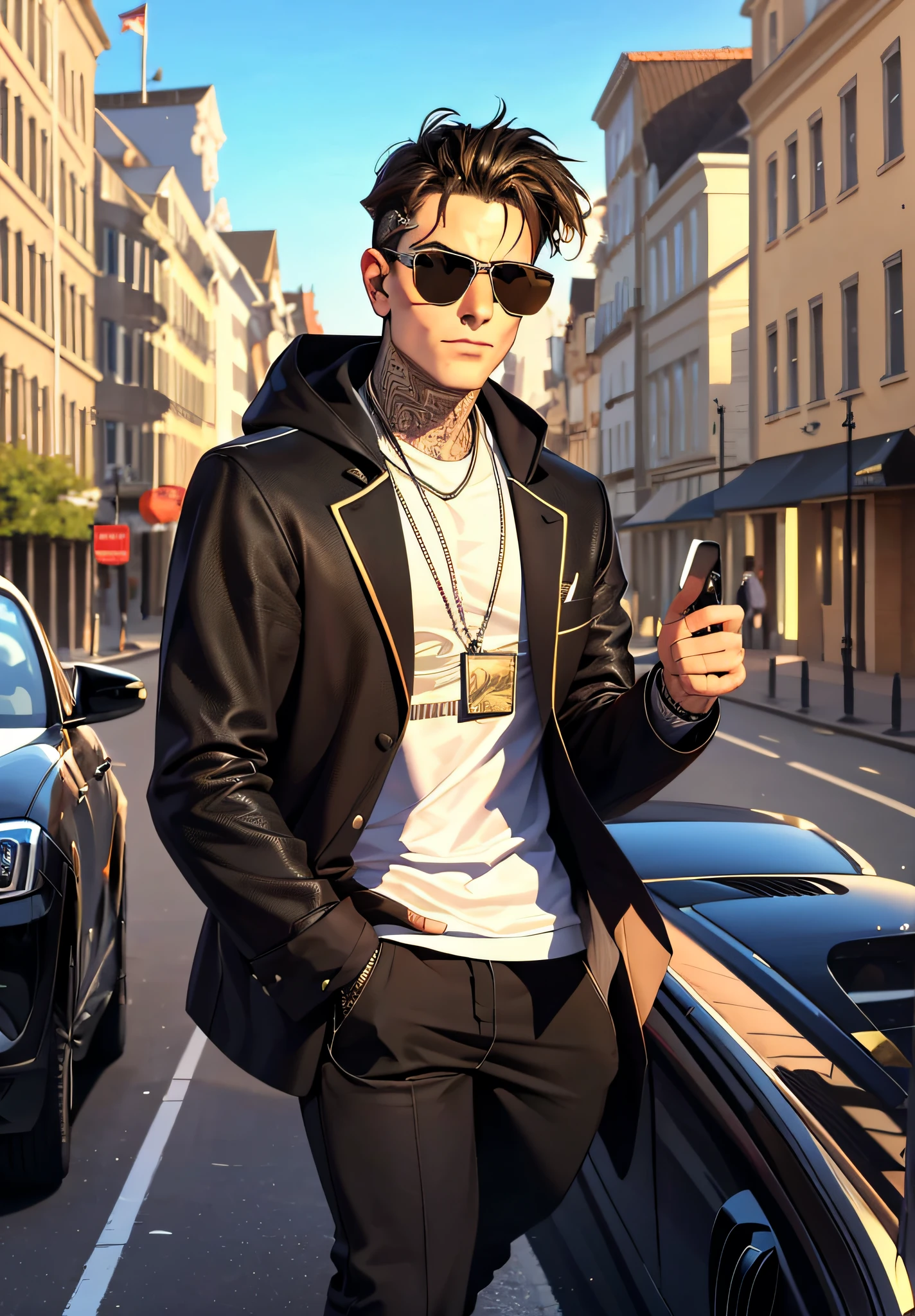 masterpiece, best quality, a photograph of A 22-year-old Dimitri Roman, beautiful, attractive, neck, black sweatshirt, (bad boy) (short hair) (light brown hair), ((black sunglasses)) passing down the street in a BMW, he is driving and looking directly at his love who is on the sidewalk, morning, atmosphere, mystery, romanticism, light, literature, complexities, contemplation, car (full body composition)