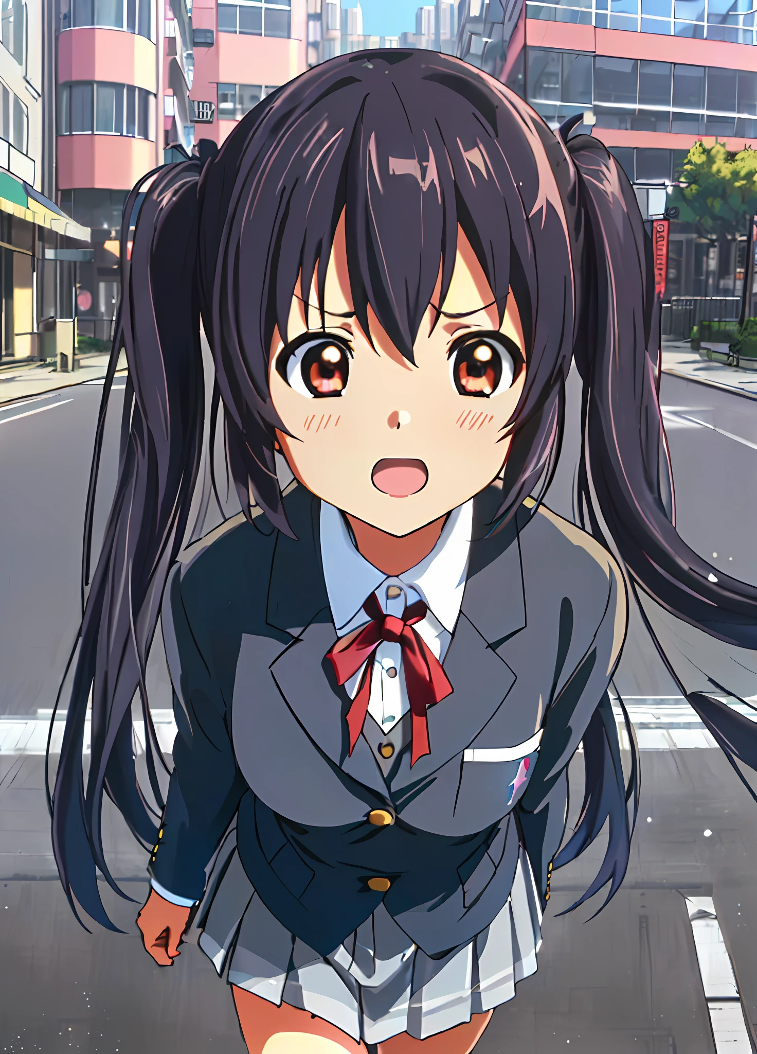 1girl, ((((Masterpiece))), Best Quality, Best Quality, High Detail, Azusa Nakano, 1girl, Sakuragaoka High School Uniform, Musical Instrument, School Uniform, Twin Tails, Long Hair, Black Hair, Brown Eyes, Solo, Red, Dark blue blazer with a thin ribbon of red, Solid white button shirt under blazer, Illustration, Cartoon, Soothing tones, Muted colors, Soft cinematic light, Adobe Lightroom, Photo Lab, HDR, complex and highly detailed, (((depth of field))))). (((Masterpiece))). (((highest quality))).) ((super detail))). (((Illustration))). (((Outside))). (((fighting stance))).,((((Giantization))).dynamic focus.small breasts. (((skyscrapers))). (((Cityscape))). (((Face of sadness))). open mouth.