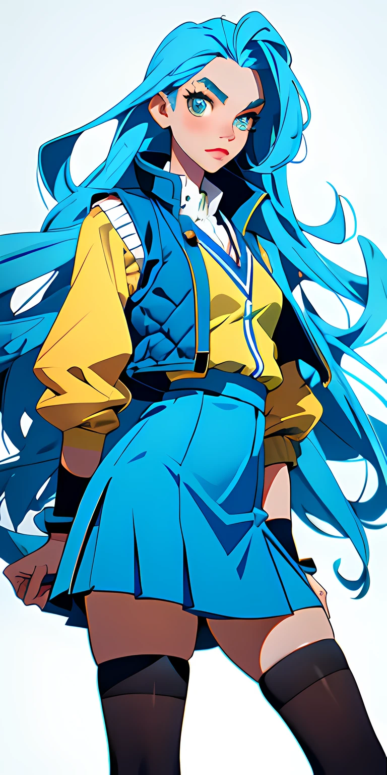 (masterpiece, best quality), 1girl, long blue hair, vest, skirt, stockings