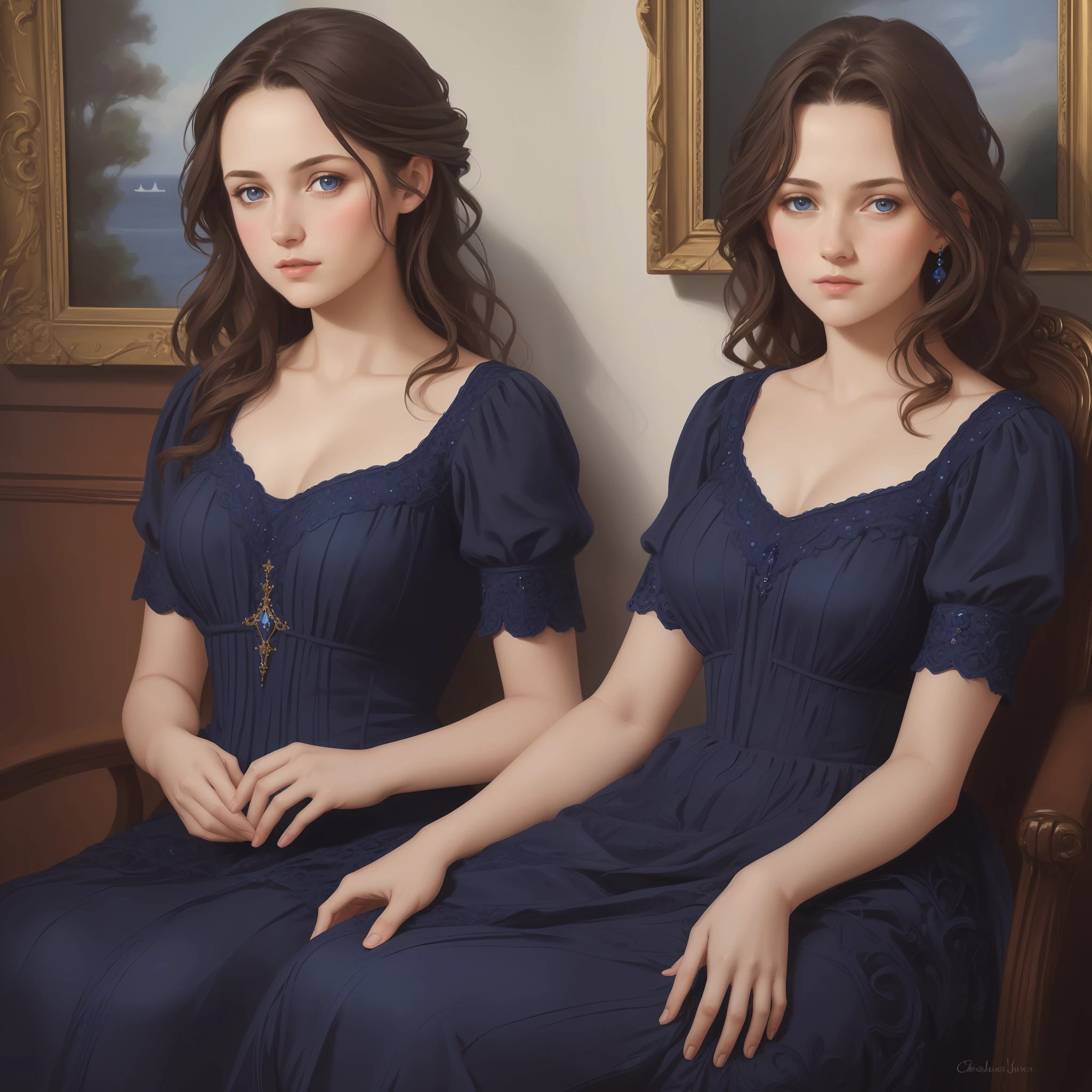 1girl, beautiful teenage girl, small breasts, revealing ornate navy blue dress, short wavy brown hair, portrait, oil painting, modern, realistic proportions, intricate, intricate details, sharp focus