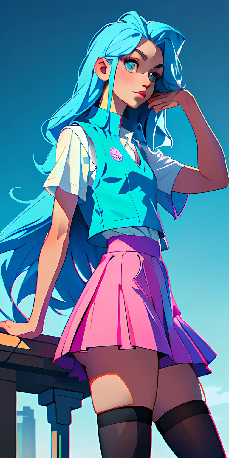 (masterpiece, best quality), 1girl, long blue hair, T-shirt, vest, pink skirt, stockings