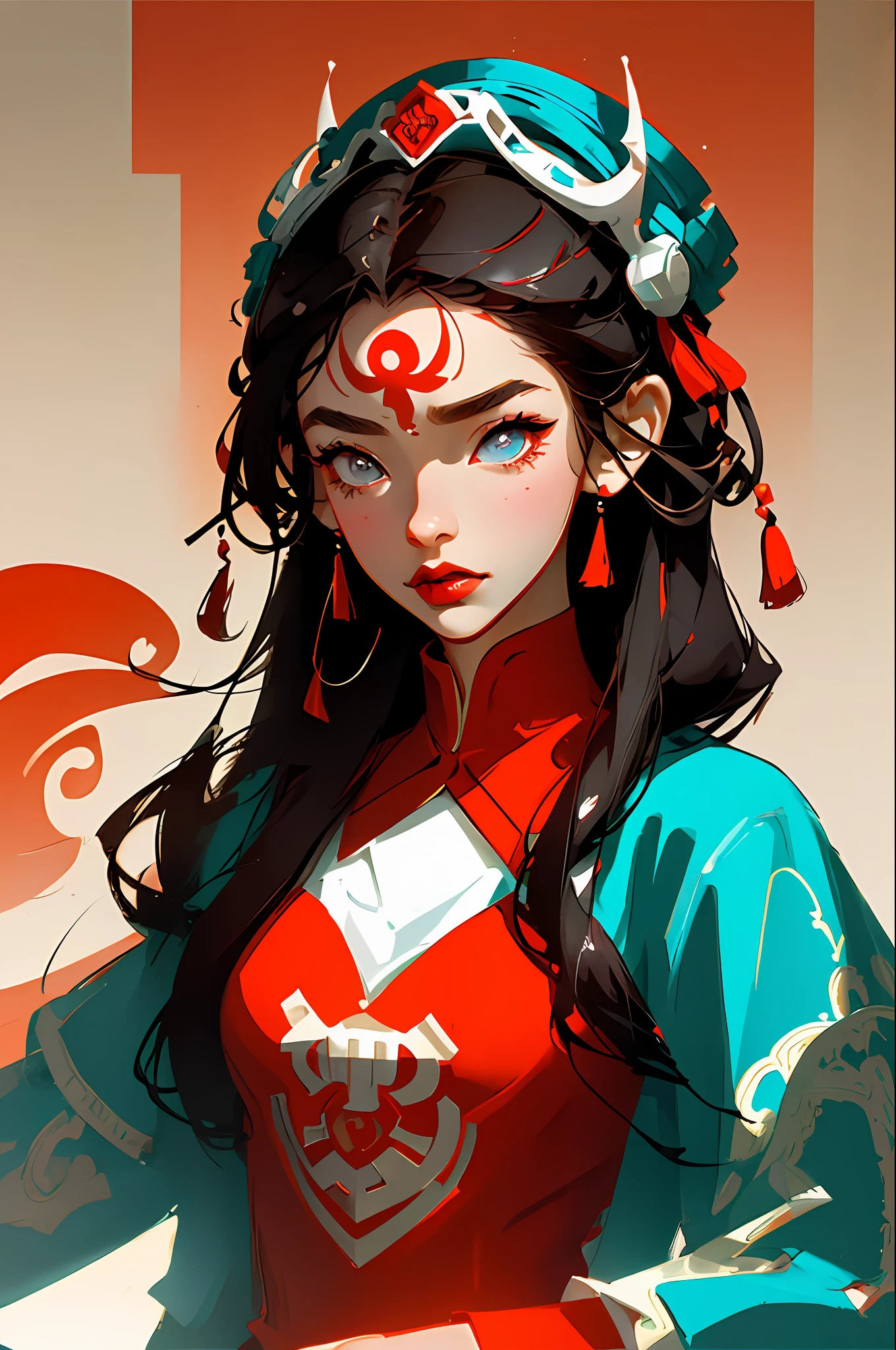 (Face close-up: 1.3), avatar close-up, Naxi costume woman, Naxi clothing, trend, modern, red background, black and white fluorescent color, flat style, minimalism, graphic illustration, Tsuruta Ichiro style,