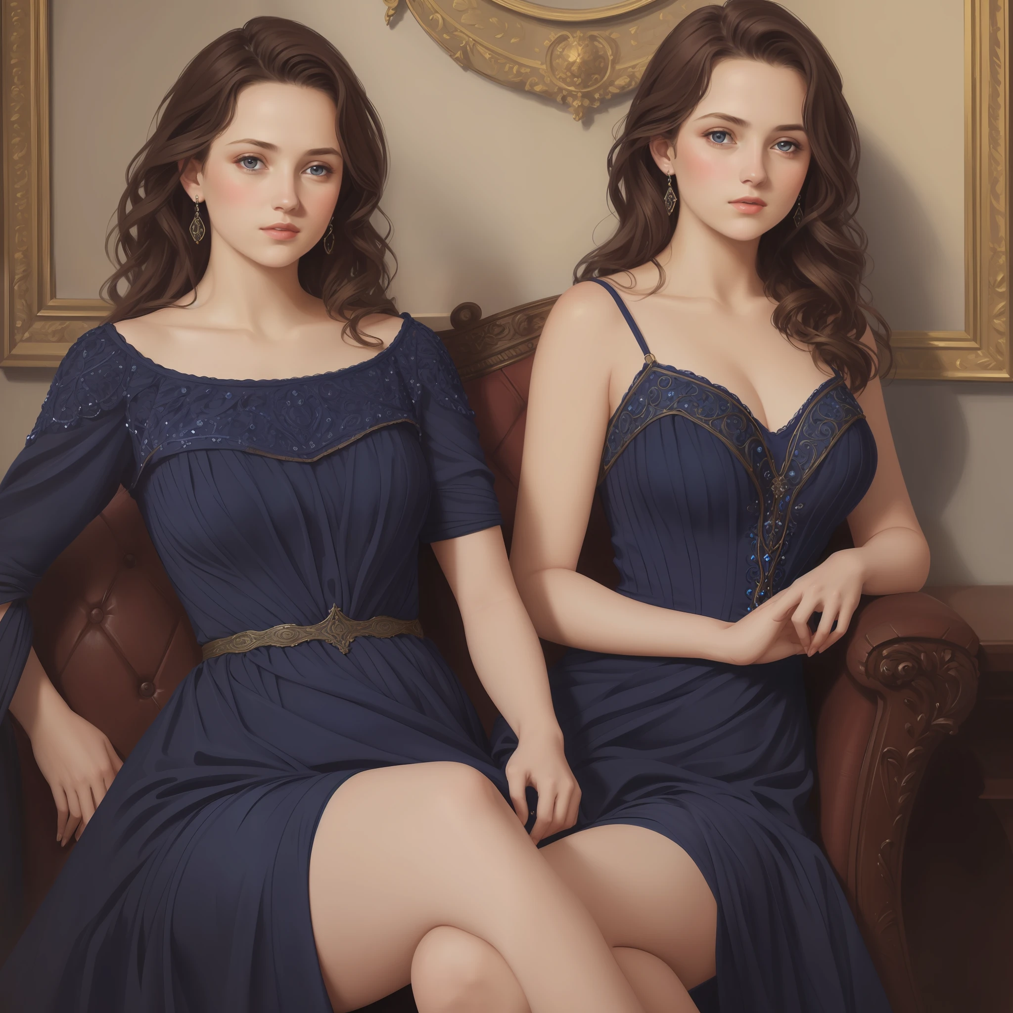 1girl, beautiful girl, small breasts, revealing ornate navy blue dress, short wavy brown hair, portrait, oil painting, modern, realistic proportions, intricate, intricate details, sharp focus