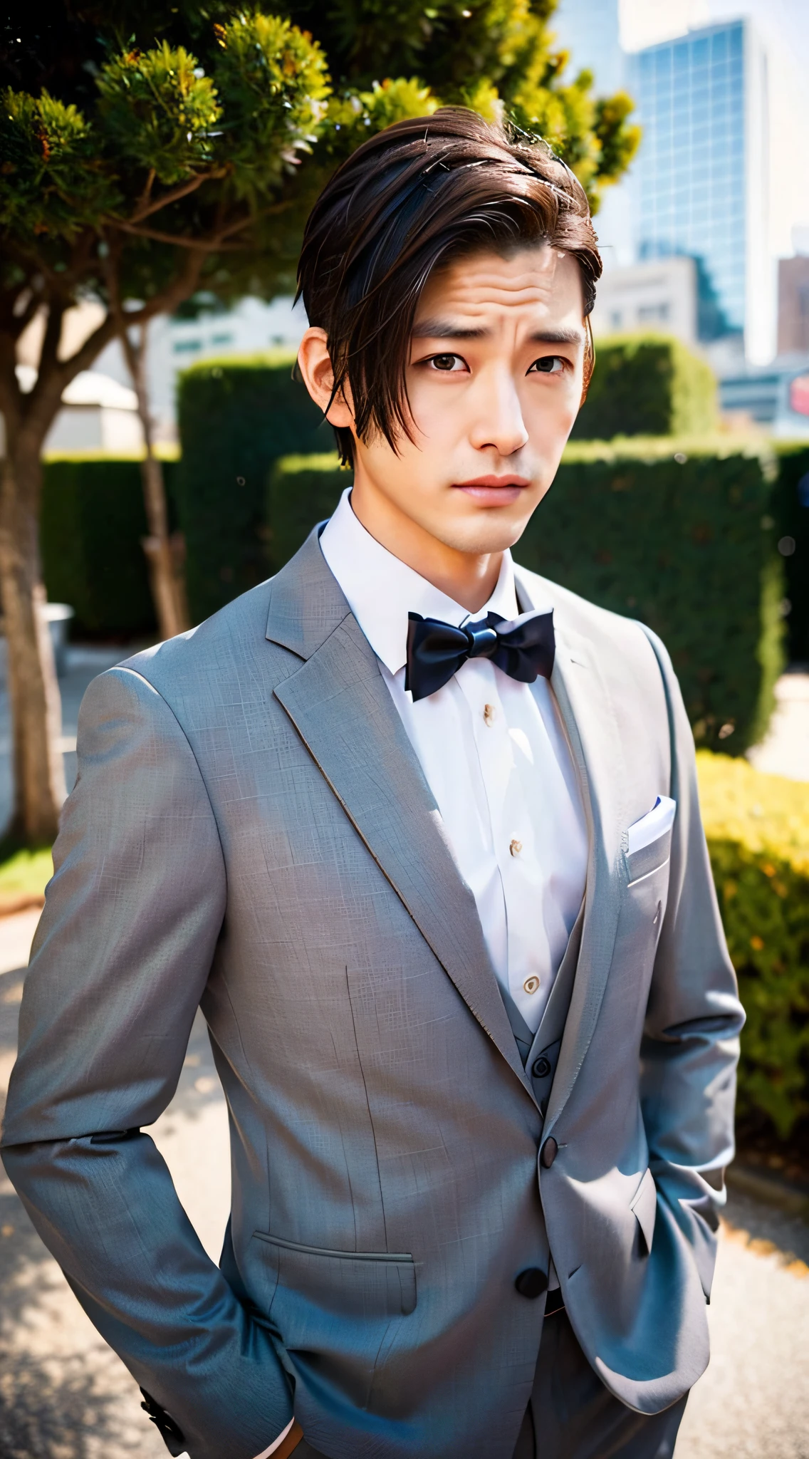 1boy, 35 years old Japanese male, (male:1.5), gray eyes, squint, (very short hair:1.3), under_cut, Pompadour, ((formal)), ((suit)), (handsome, sharp) , fierce facial features,))), (stout muscular body), (stout physique), SFW, outdoors, detailed background, modern urban,