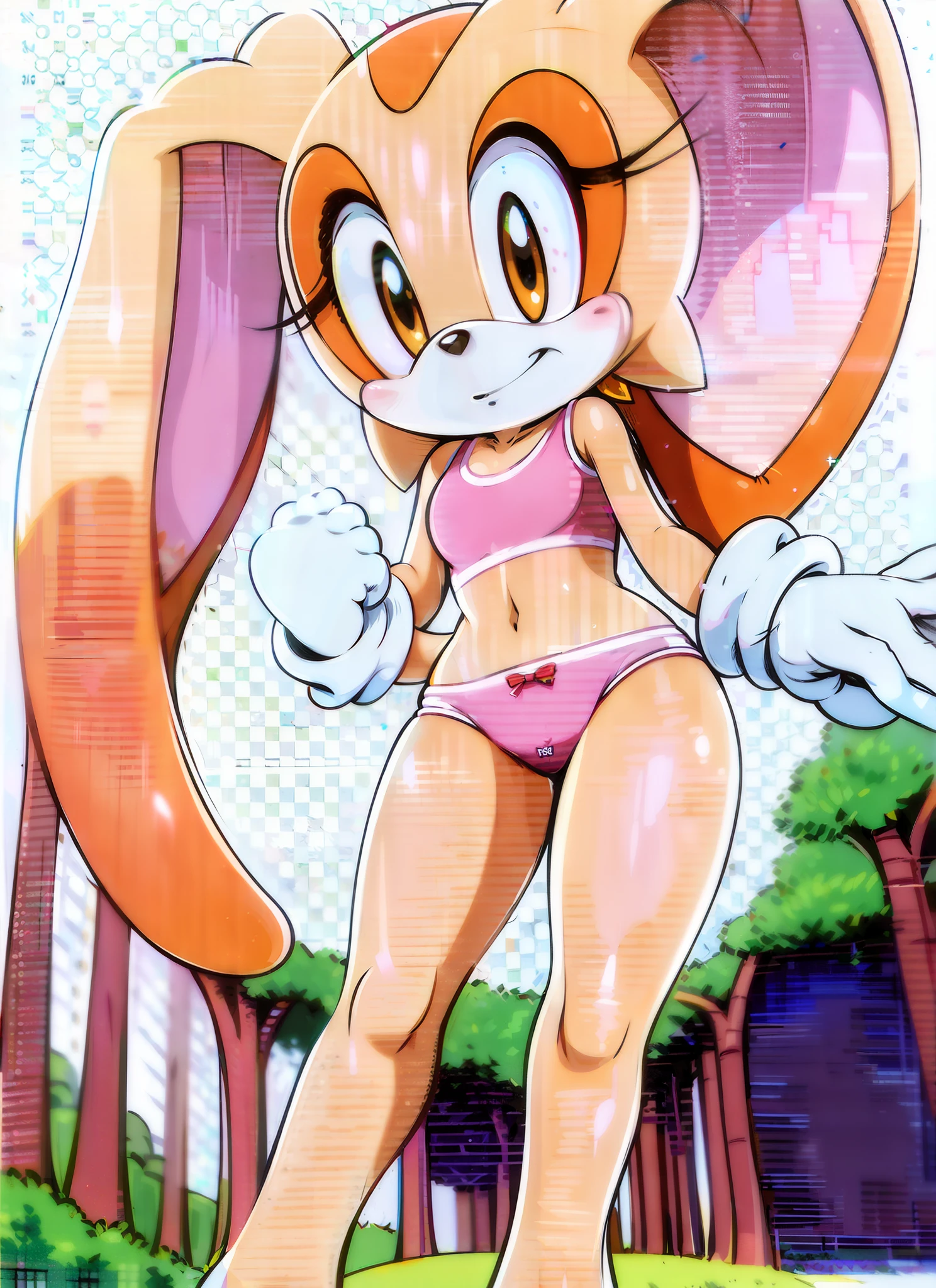 "(((masterpiece))),4k resolution,extremely delicate and beautiful,dynamic angle and pose,(1girl), animal nose, Cream the rabbit,withe sport bra, white panties, sfw, (( thin )), 6 years old girl, (( thin legs )), alone, looking at viewer, in a forest, white gloves