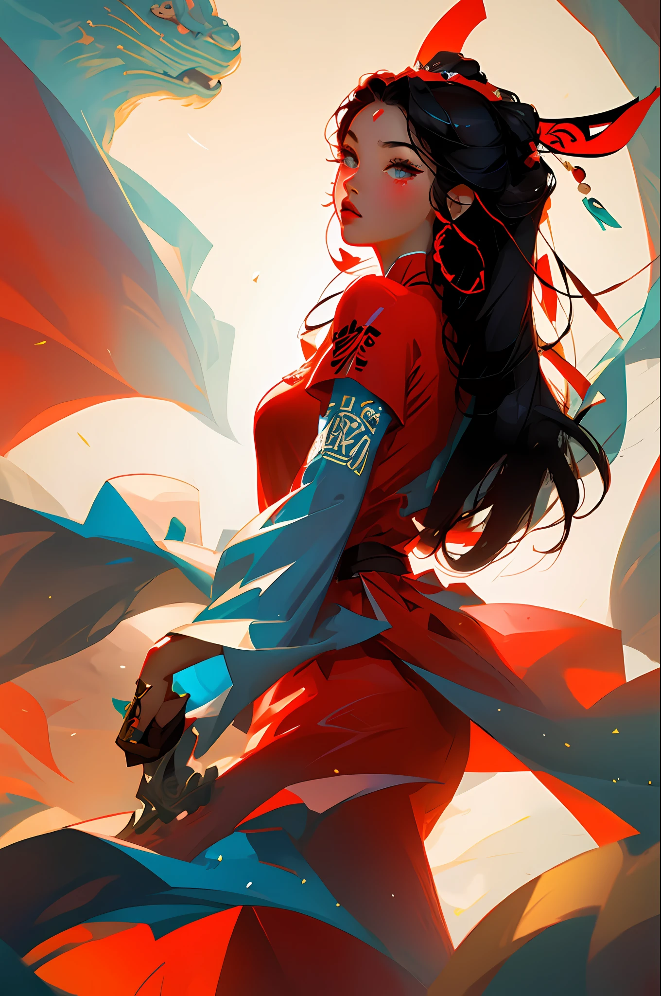 (Face close-up: 1.3), avatar close-up, Naxi costume woman, Naxi clothing, trend, modern, red background, black and white fluorescent color, flat style, minimalism, graphic illustration, Tsuruta Ichiro style,