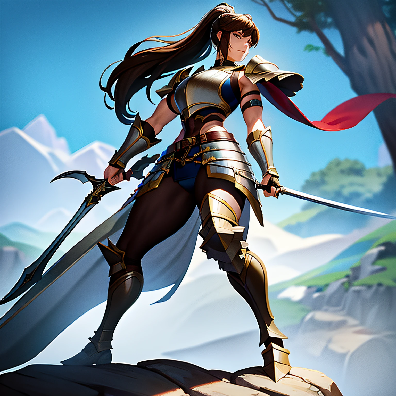 solo focus, a muscular female knight with medium length brown hair stands with one foot on a rock holding a two handed sword, plate armor, victorious expression, ponytail, hand on hip, forest path, bright