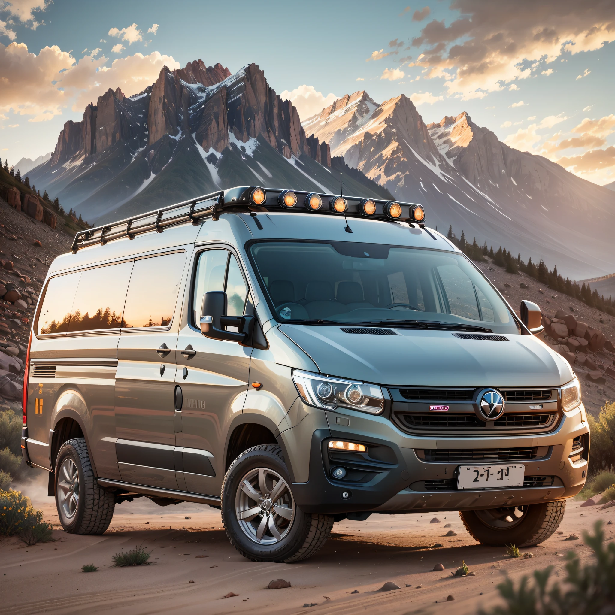 Camper Van Modern view front and diagonal offroad wheels thick dirt road patons, in the middle of the mountain landscape medieval style, sunset warm light --auto --s2