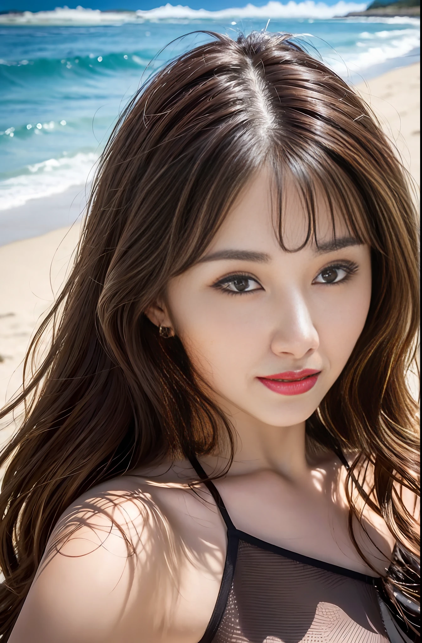 (top quality, 4k, masterpiece: 1.3), beautiful woman, single woman, dark brown hair: 1.1, ultra-detailed face, detailed lips, detailed eyes, transcendent beauty, 1girl, ((18 years old)), bikini, Japan person, light smile, sandy beach, ((Seiza: 1.2)), from knee up, wide screen, away, lick from above