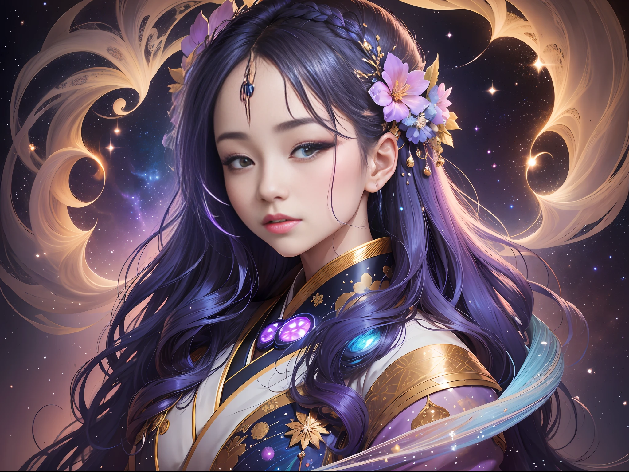 A mesmerizing image of a beautiful Japanese woman embodying a spiritual connection to the cosmos. She stands with grace and elegance, draped in a traditional kimono adorned with intricate patterns inspired by celestial elements. The woman's presence emanates a sense of tranquility and inner peace, as if she is attuned to the vast mysteries of the universe. The backdrop depicts a celestial scene, with swirling galaxies, sparkling stars, and nebulous clouds, symbolizing the boundless expanse of the cosmos. Her hair cascades like a celestial waterfall, adorned with delicate star-shaped hairpins that glimmer with ethereal light. The woman's eyes reflect wisdom and serenity, capturing the depth of her spiritual connection. Soft, diffused light bathes the scene, casting a celestial glow upon her features and the surrounding environment. The colors are rich and vibrant, with hues of indigo, purple, and gold, reminiscent of the majestic hues often found in Japanese art and mythology. The composition is balanced and harmonious, capturing the ethereal nature of the woman's connection to the universe. The aspect ratio is 1:1.``` --auto --s2