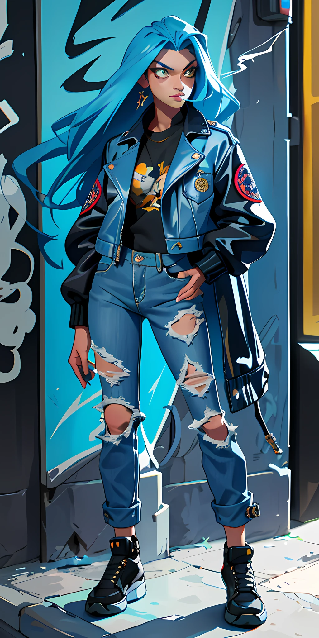 (masterpiece, best quality), 1girl, long hair, blue hair, jacket, tattoos, cigarette, smoking, jeans, street, bike