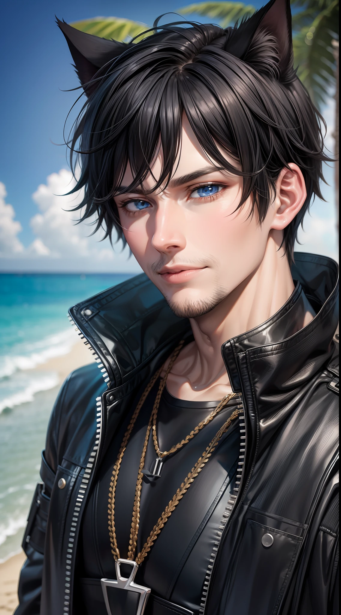 Adult man, short black hair, blue eyes, cat ears, leather raincoat uncovered, beach bright shirt, smirk, masterpiece, high quality