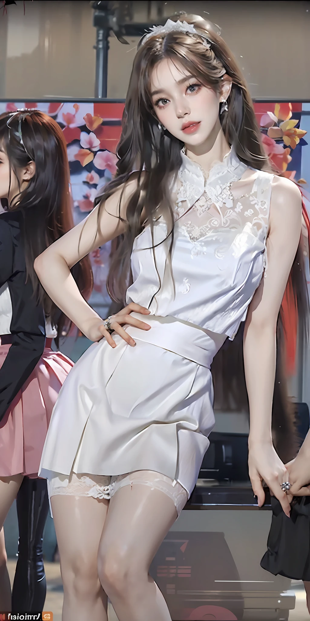 (Masterpiece: 1.2, Best Quality), Realism, (Real Pictures, Intricate Details, Depth of Field), (1girl, Solo), Makeup, Lips Apart, High Detail, (((Perfect Complete Face))), (Huge Breasts: 1.4), (Skindentation), ((Slender Legs)), Wide Buttocks, Thin Waist, Tall, Coral Lips, Long Hair, Dark Eyes, ((Beauty Wearing White Lace Wedding Dress, Showing Slender Waist, (Waist Vest Line), Lace Short Skirt, Slender Beautiful Legs, lace stockings, enchanting figure)),((((exposing waist))))))), (sweating: 1.2), (wet), sexy, blush,