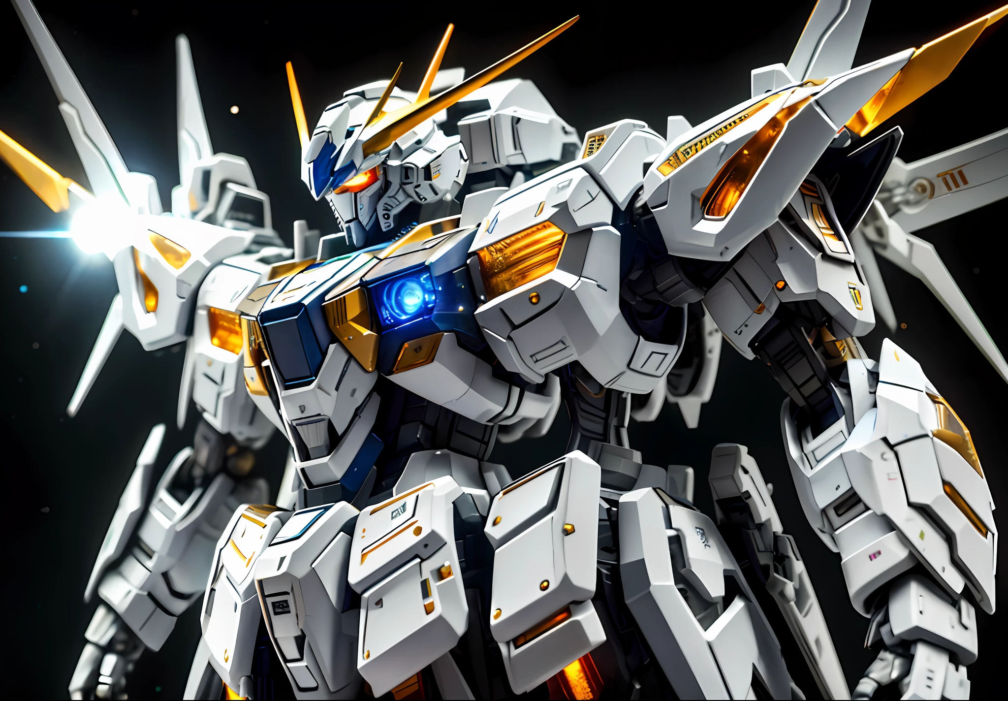 In this Full body shot, we can see a highly detailed and textured Gundam robot is flying to battlefield, with exceptional clarity. The metallic surface gleams in the light, highlighting the intricate mechanical details of its armor and weapons, Every bolt, joint, and cable is meticulously crafted, giving a sense of power and precision to this formidable machine. hard lighting , global illuminations, bright, universe nebula, detailed, hyper realistic, clean background trending, Bright background, high on details --ar 4:6 --niji 5
