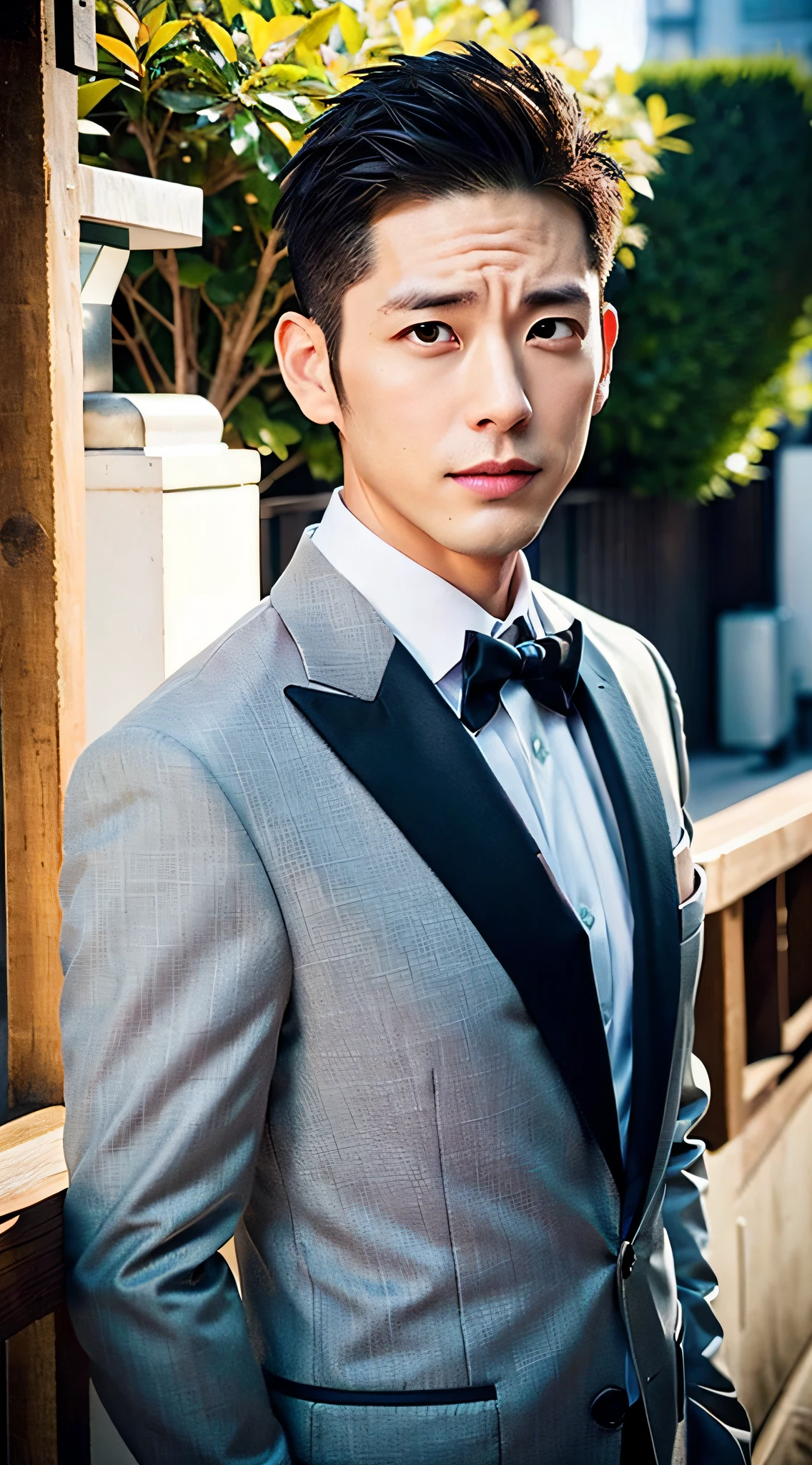 1boy, 35 years old Japanese male, (male:1.5), gray eyes, squint, (very short hair:1.3), under_cut, Pompadour, ((formal)), ((suit)), (handsome, sharp) , fierce facial features,))), (stout muscular body), (stout physique), SFW, outdoors, detailed background, modern urban,