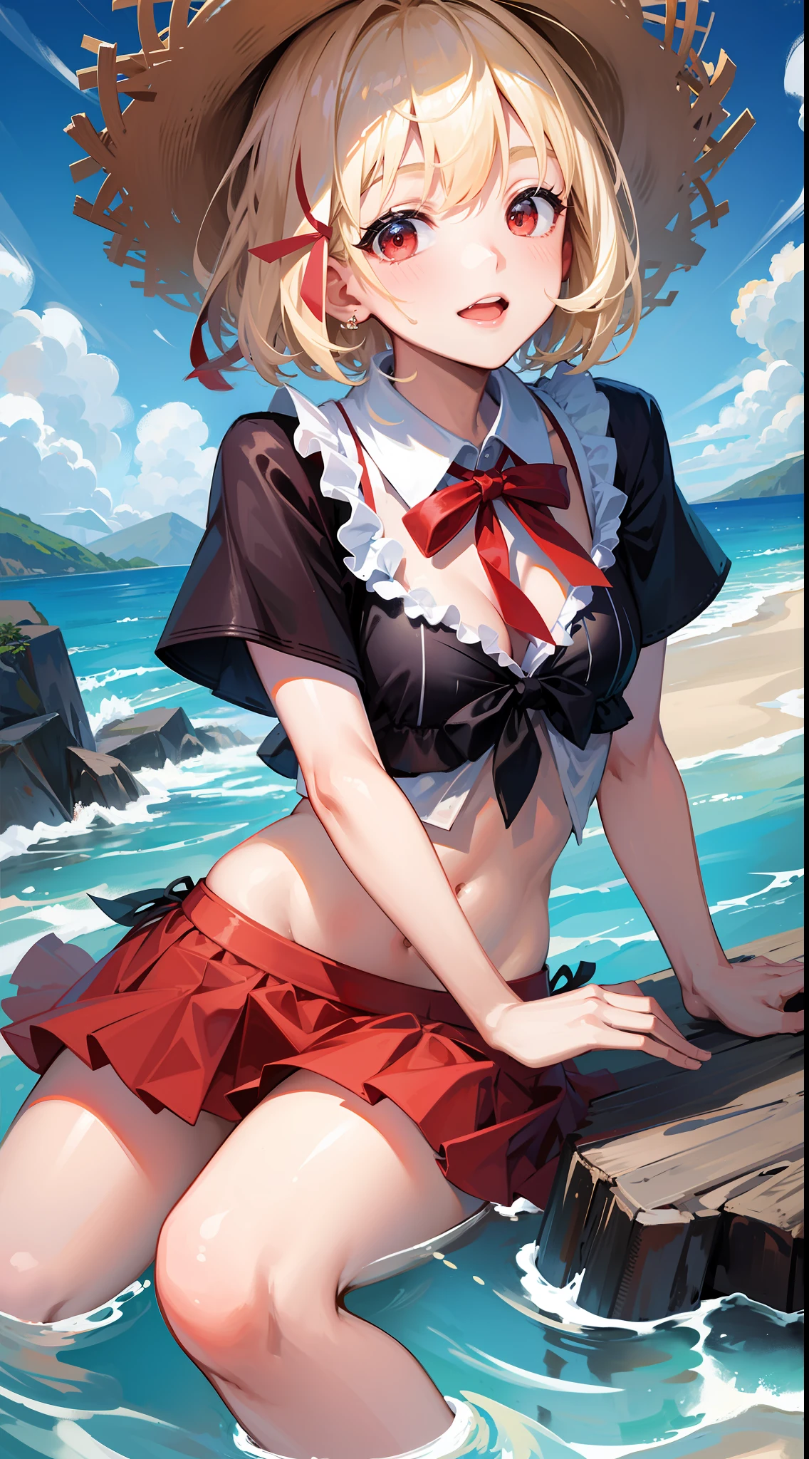(Masterpiece: 1.1), (Best Quality: 1.0), (Ultra High Resolution: 1.0), (8K Resolution: 1.2), (Realistic: 1.0), (Ultra Detail 1:0), (Clear Focus 1:0), 1girl, Solo, Ribbon, Hat, Solo, Shirt, Bangs, Tie, Tiny, Blur, Striped Bikini, Blonde, Headband, Red Ribbon, Straw Hat, Short Hair, Looking at the Viewer, Red Eyes, Short Sleeves, Side View, Beach Background, Lying Down Laughter, Skirt Flying, Sky, Waves, Ultra HD, the best quality