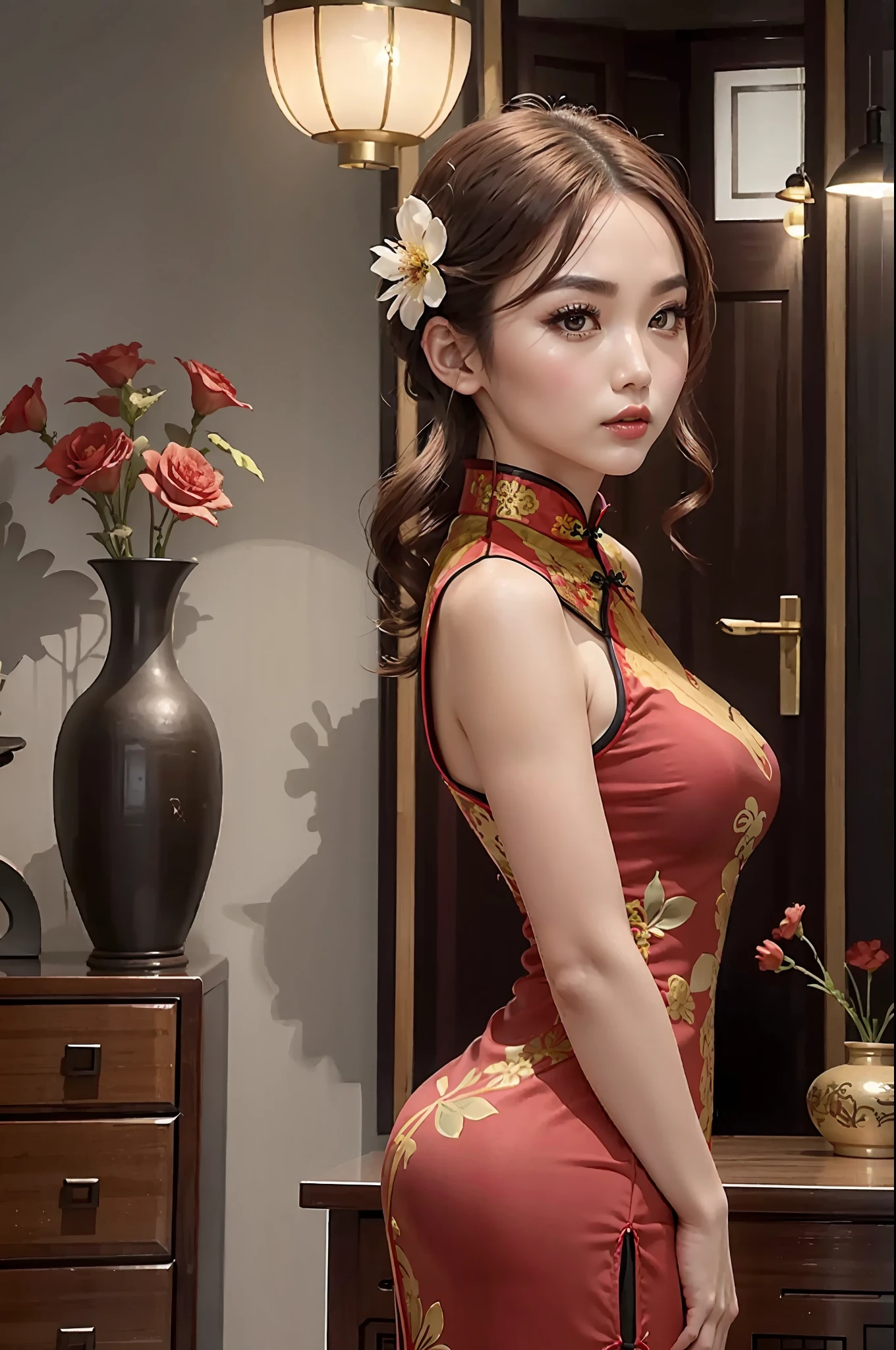Cheongsam beauty, Republic of China cheongsam, modern beauty, delicate face, big eyes, big breasts, facing forward, interior background, with vase and flower stand, with dresser.