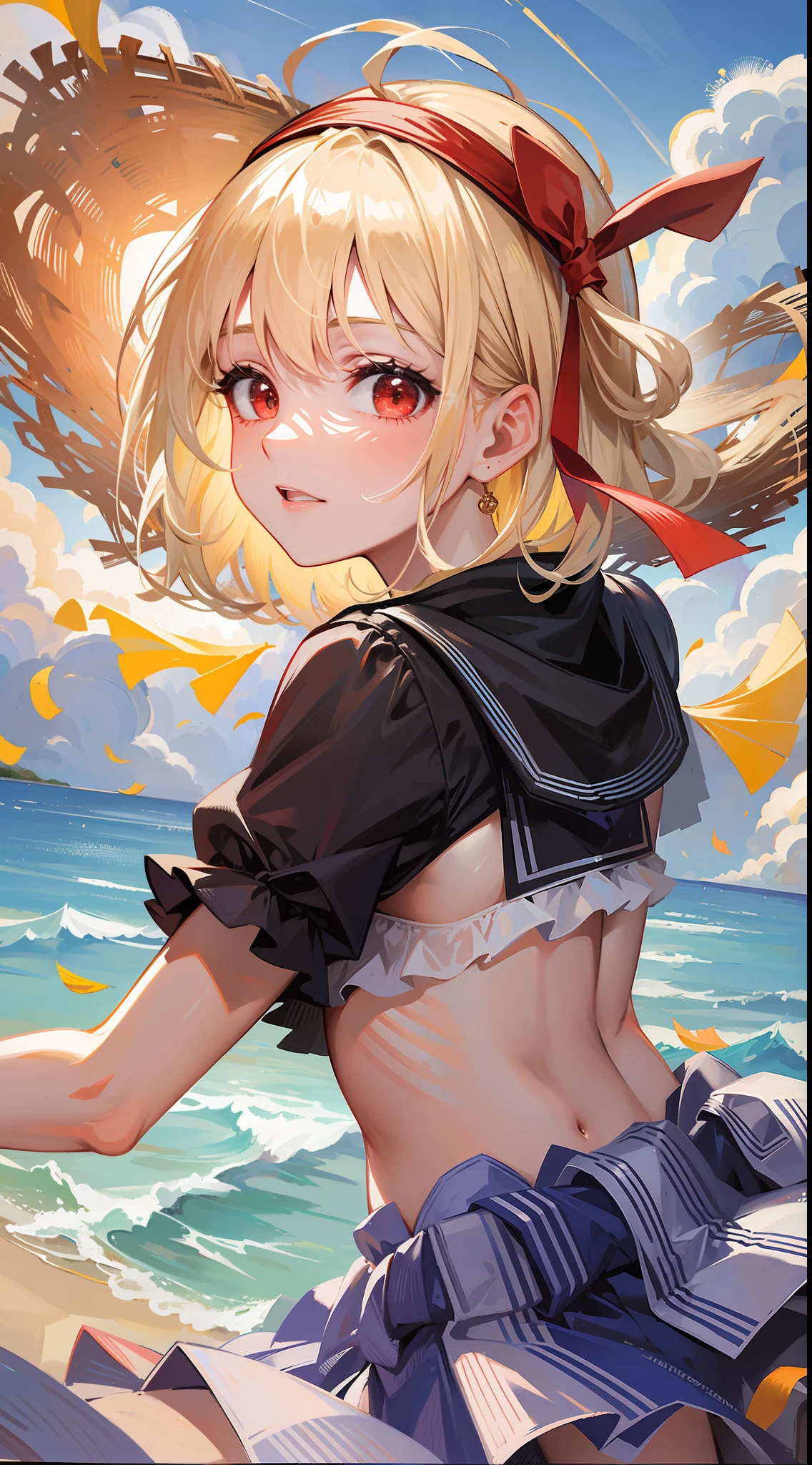 (Masterpiece: 1.1), (Best Quality: 1.0), (Ultra High Resolution: 1.0), (8K Resolution: 1.2), (Realistic: 1.0), (Ultra Detail 1:0), (Clear Focus 1:0), 1girl, Solo, Ribbon, Hat, Solo, Shirt, Bangs, Tie, Tiny, Blur, Striped Bikini, Blonde, Headband, Red Ribbon, Straw Hat, Short Hair, Looking at the Viewer, Red Eyes, Short Sleeves, Side View, Beach Background, Lying Down Laughter, Skirt Flying, Sky, Waves, Ultra HD, the best quality