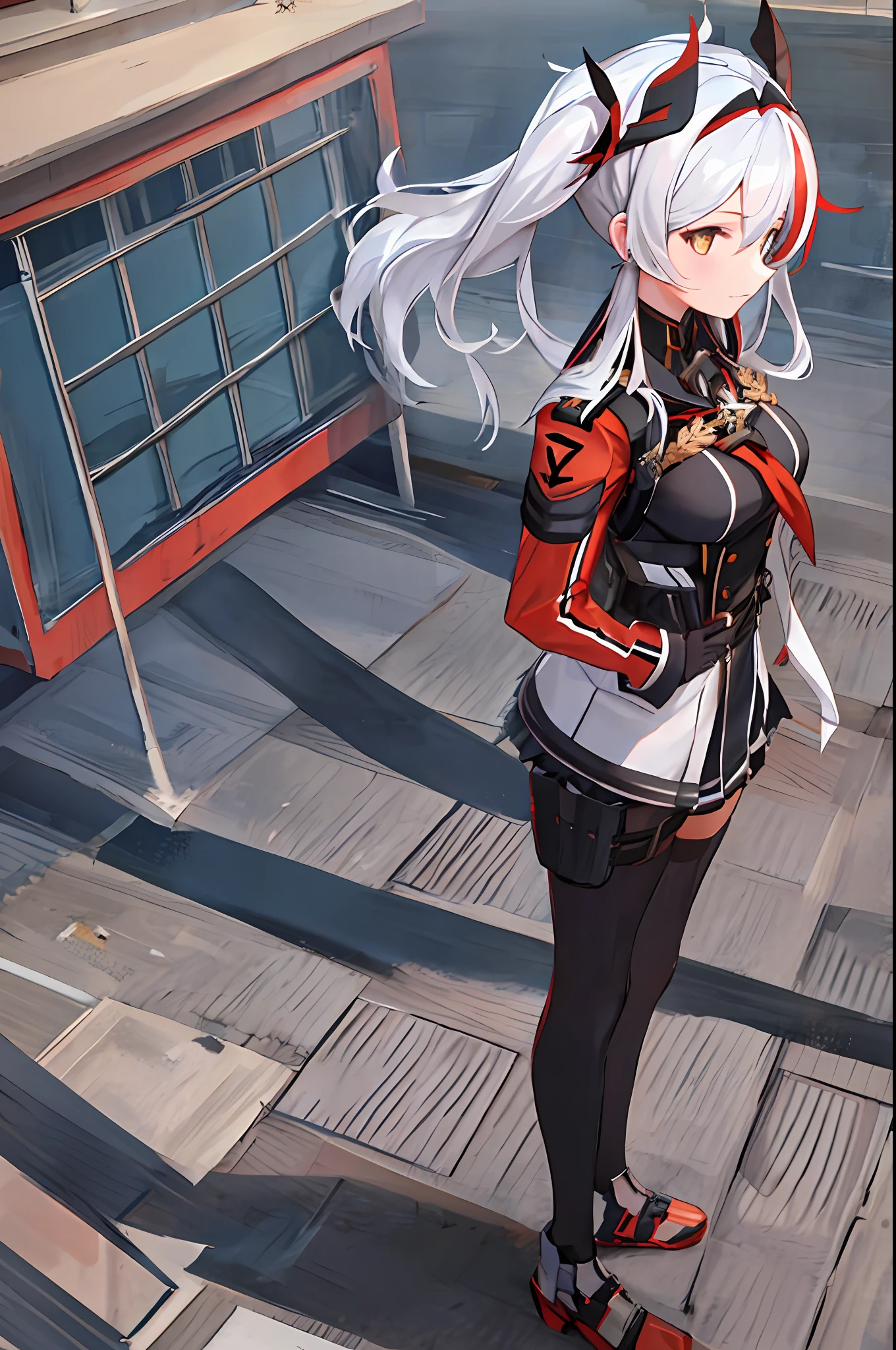 1girl, medium breasts, standing, hand on hip, black_gloves, runner, 
Prinz Eugen, school uniform, sea, white hair