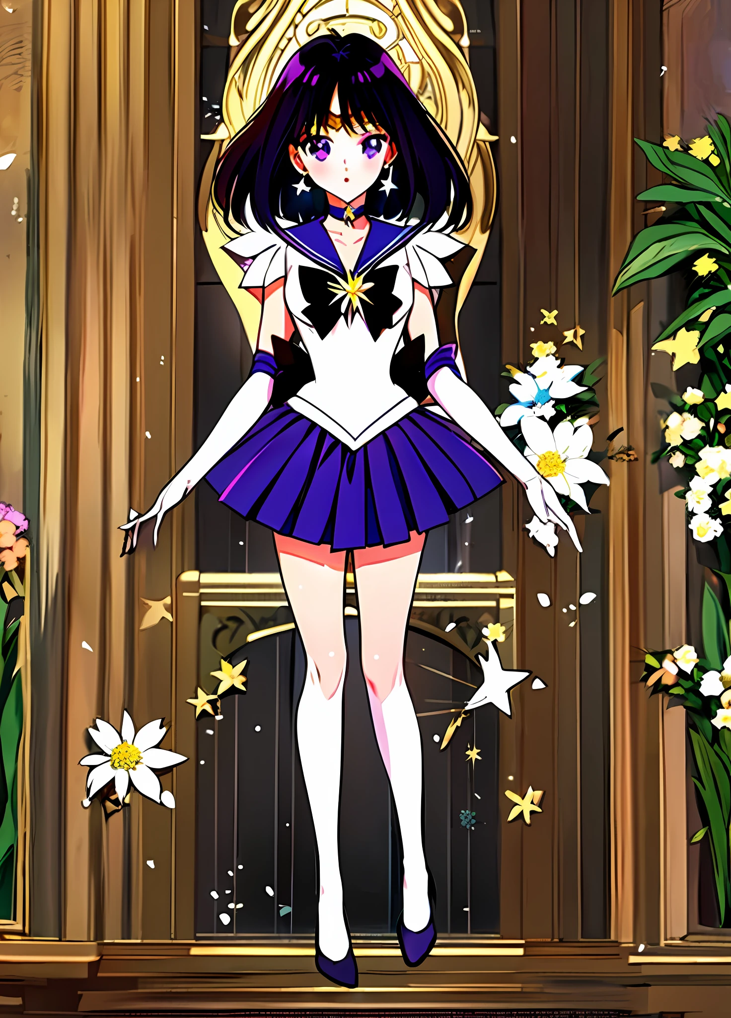 (masterpiece, best quality:1.2), solo, 1girl, sailor saturn, tiara, sailor senshi uniform, purple sailor collar, pleated skirt, elbow gloves, jewelry, brooch, choker, night, stars, pubbles, ((lots of flowers)) in front, big flowers, full body,