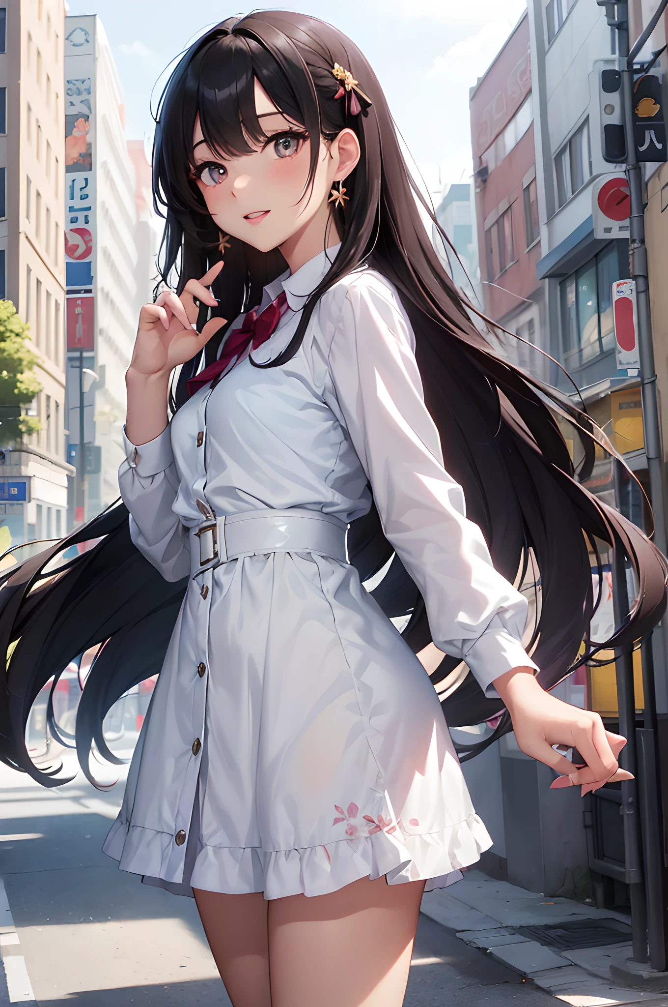 (masterpiece), (portrait), (aesthetic), (beautiful), (upper blody), (high quality), (aesthetic clothings), (professional angle), (rule of thirds), (Feminine), (woman), (female), (beautiful),(feminine features), (25 years), solo, 1 woman, (attractive South Korean), Spring, Soft light, (Standing), Natural Makeup, (Small bust), (()), (Front face), (Joyful expression), ((Playful Mood)), Earrings, ((Long hair)), (Black hair), (Straight hair), (Silky hair), Glossy shine hair, (Hairpin in hair), (Brown eyes), (Fresh look), (Fair skin), (Floral clothing), (Blouse), (Cardigan), (Skirt), Sweetheart neckline), ((City background)), (- in background), (Full Shot shot), beautiful hands, two hands, normal hands, two arms, complete hands, beautiful body, beautiful fingers, normal fingers, five fingers, five fingers, (Thumb index meddle ring little fingers), beautiful ears, normal ears, beautiful eyes, shiny eyes, beautiful mouth, beautiful lips,