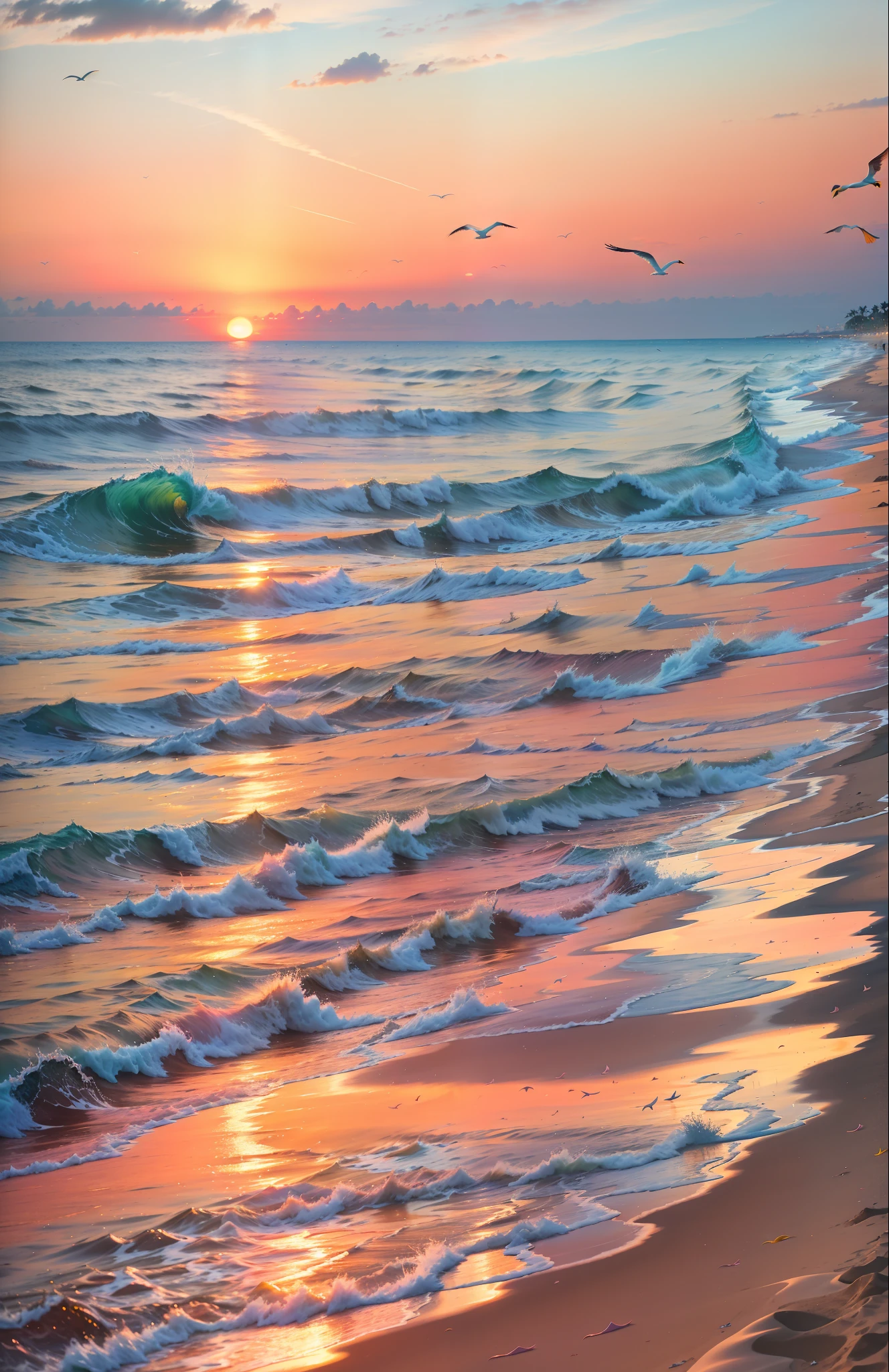 An absolutely mesmerizing sunset on the beach, with a mix of orange, pink, and yellow in the sky. The water is crystal clear, gently kisses the coast, and the white sand is endless. The scene is dynamic and breathtaking, with seagulls soaring high in the sky and palm trees swaying softly. Immerse yourself in the calm atmosphere and let the serenity surround you.