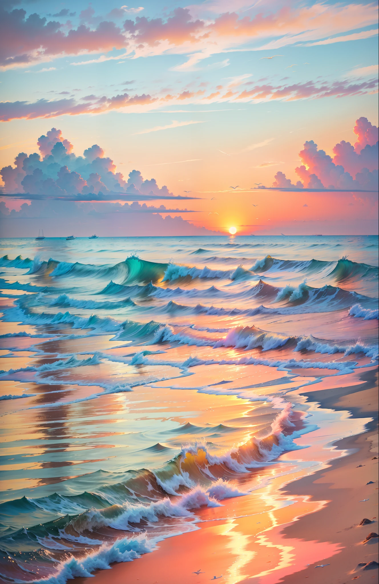 An absolutely mesmerizing sunset on the beach, with a mix of orange, pink, and yellow in the sky. The water is crystal clear, gently kisses the coast, and the white sand is endless. The scene is dynamic and breathtaking, with seagulls soaring high in the sky and palm trees swaying softly. Immerse yourself in the calm atmosphere and let the serenity surround you.
