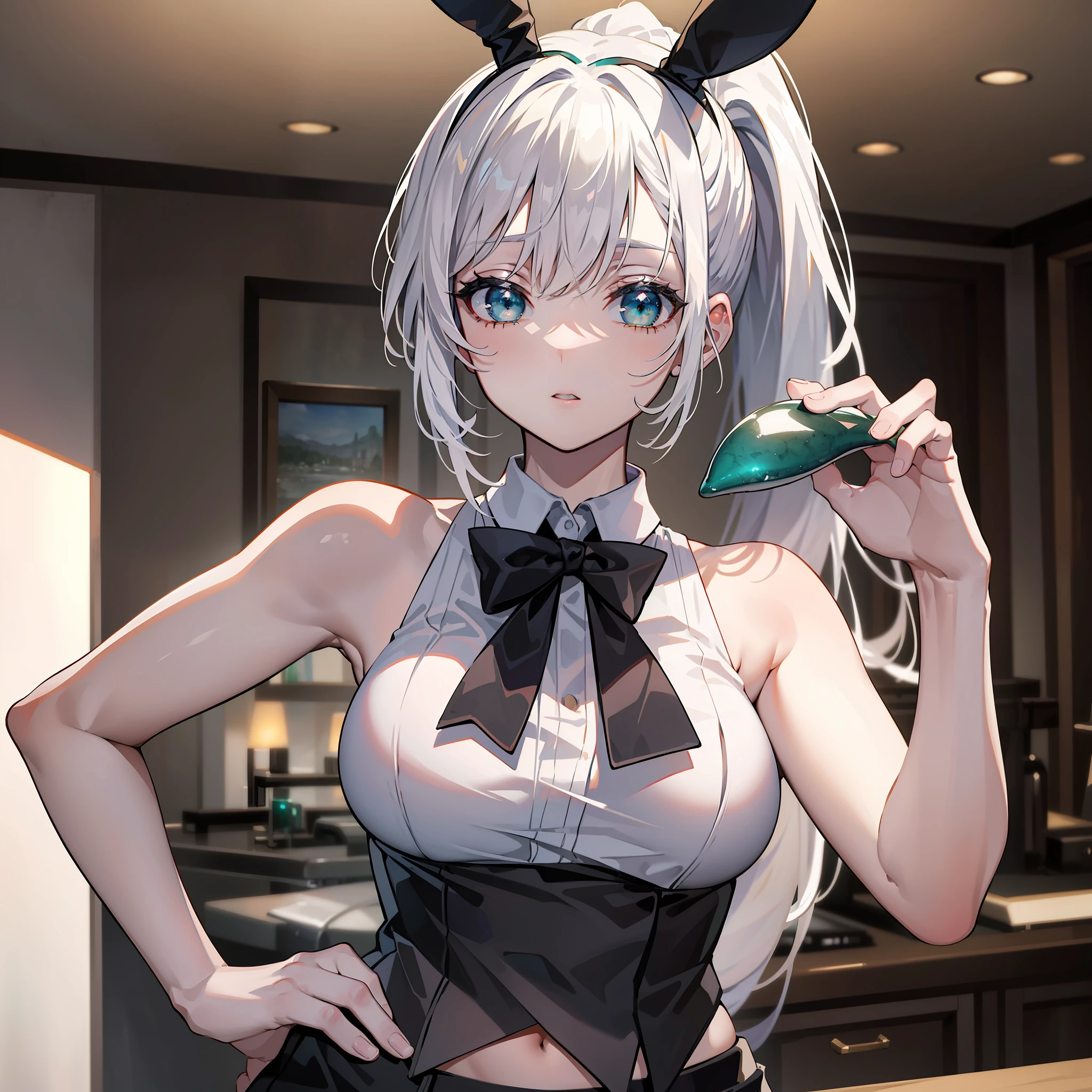 Masterpiece, Best Quality, Cinematic Lighting, Photorealism, White Hair Ponytail, Bunny Ears, Emerald Eyes, Sleeveless White Shirt, Big Breasts, Black Tie, Dolphin Shorts, Teen Korean Girl, Sexy