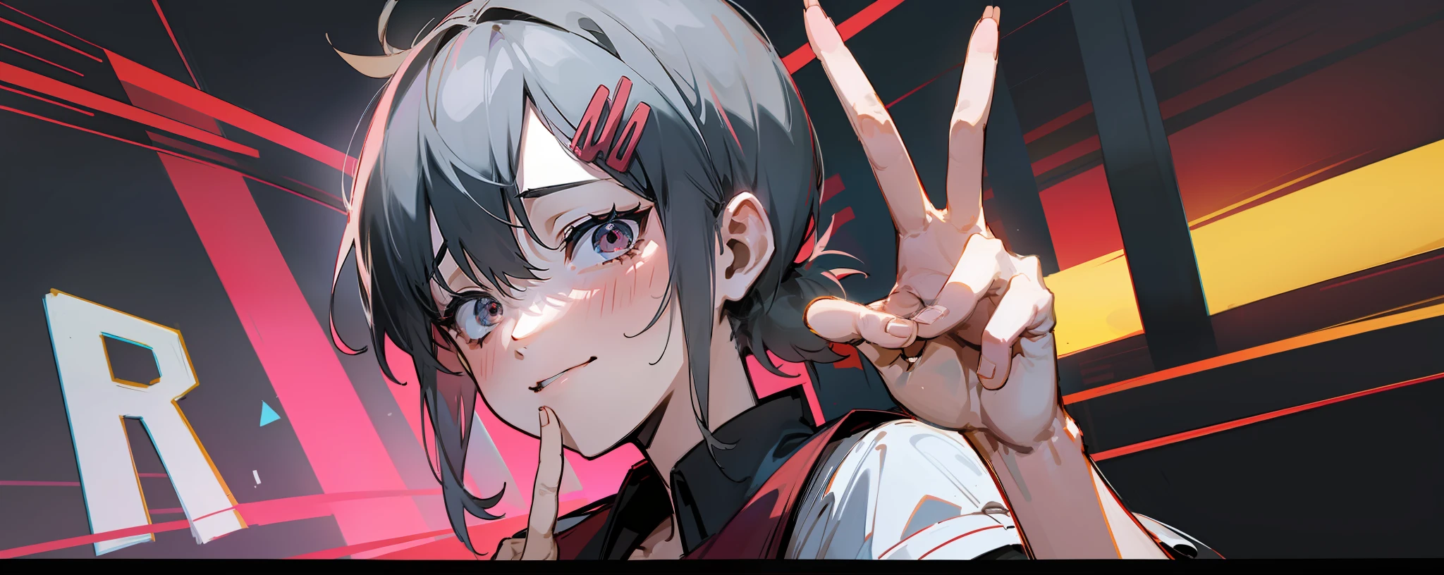 anime, kobeni_chainsawman, kobeni, holding out a peace sign, v sign, black background, studio lighting