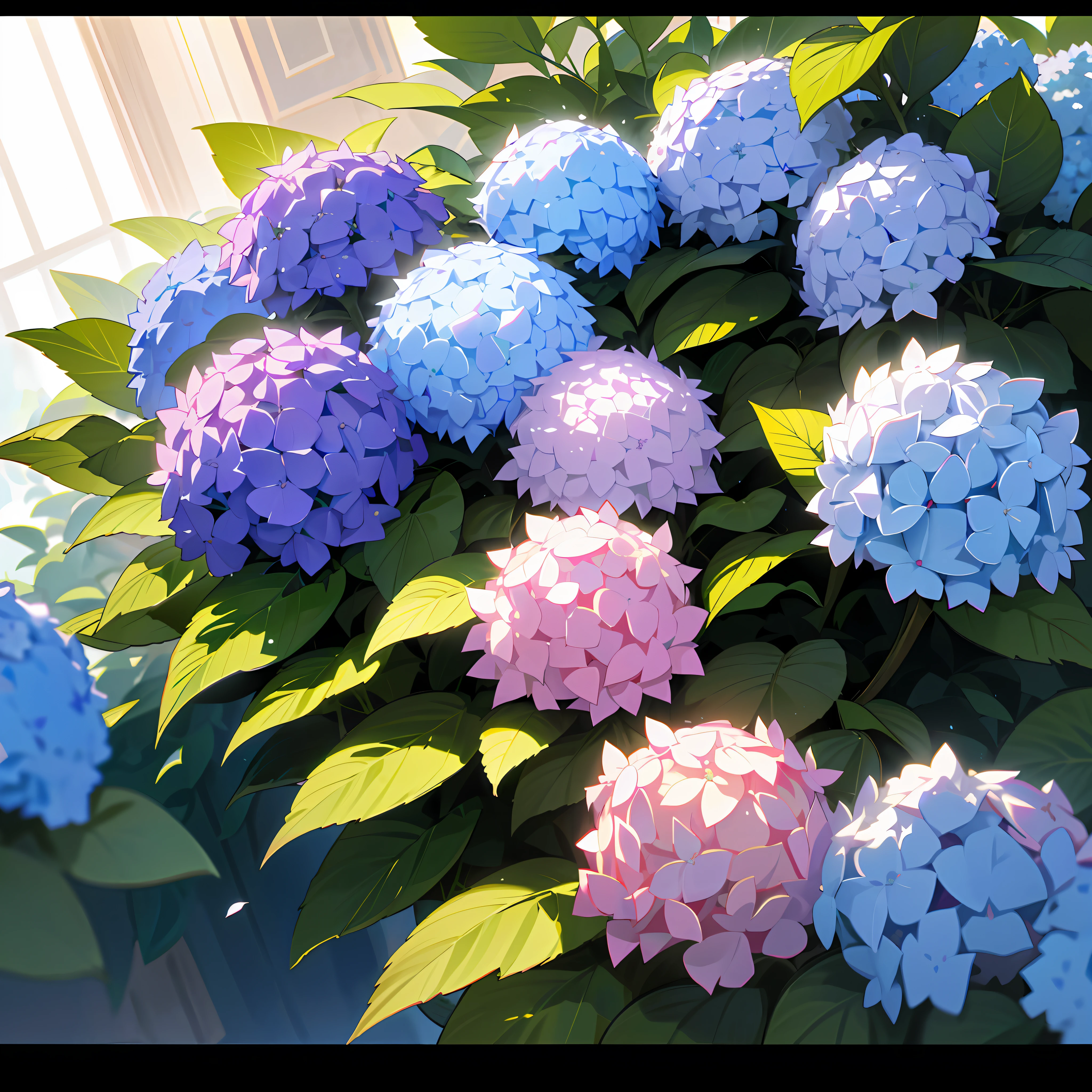 Hydrangeas, (Illustration: 1.0), Epic Composition, Natural Light, HD Details, Masterpiece, Best Quality, (Very Detailed CG Unified 8k Wallpaper)