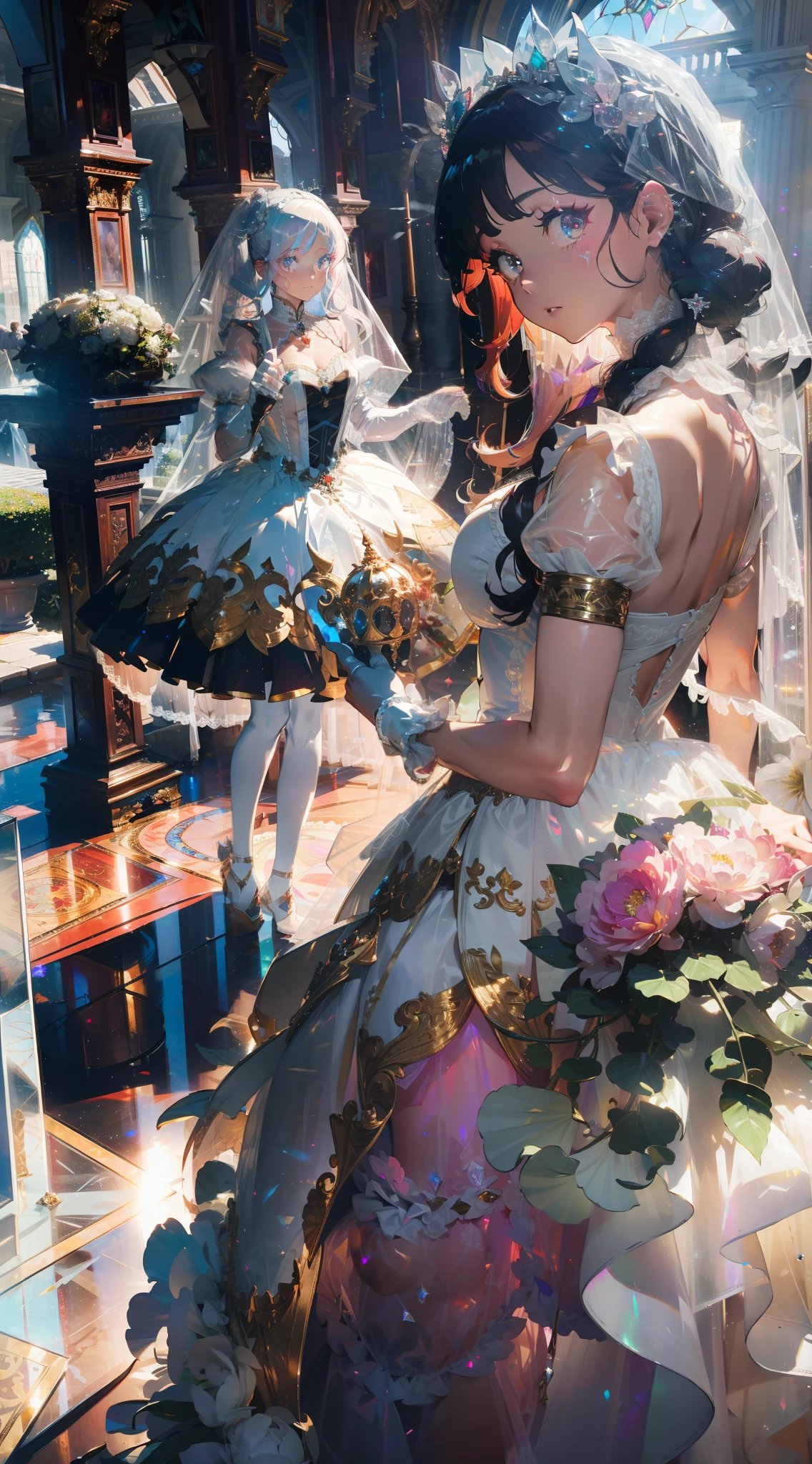 Extreme detailing, rococo style, frills, intricate and gorgeous, gloves, afternoon tea, ponet, curls, cream, gradient pick dye, candy, shiny, shiny, light particles, dynamic pose, dramatic composition, candy hair accessories, pure white skirt, flowers, embroidery, gem-encrusted, flat chest, gauze skirt with broken diamonds, flying, jumping, veil, transparent blouse, lace gloves, delicate portrayal of face, full body, opal-like eyes, skirt in white tones, colorful white, laser, Crystal dress, diamond-like hair, pure white wedding dress, long skirt, trailing tail