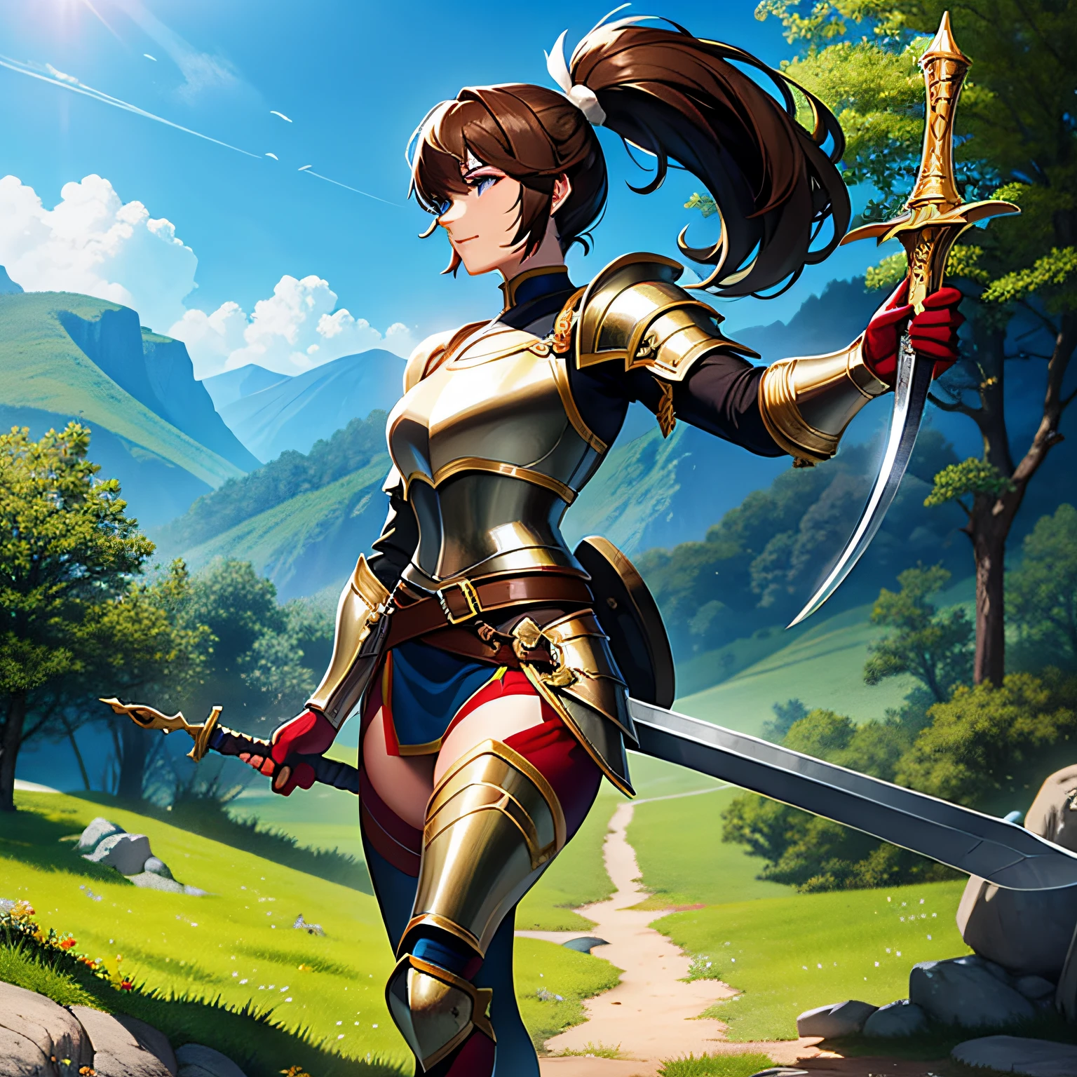 solo focus, a muscular female knight with medium length brown hair stands with one foot on a rock holding a two handed sword, plate armor, victorious expression, ponytail, hand on hip, forest path, bright