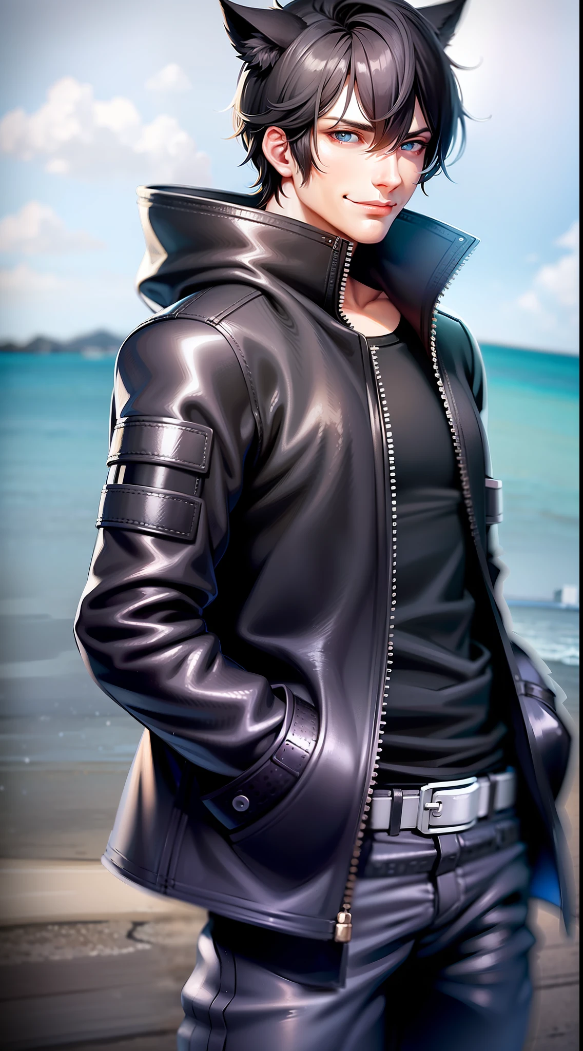 Adult man, short black hair, blue eyes, cat ears, leather raincoat uncovered, beach bright shirt, smirk, masterpiece, high quality