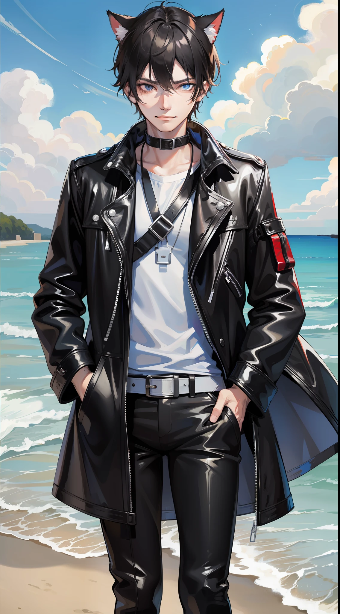 Adult man, short black hair, blue eyes, cat ears, leather raincoat uncovered, beach bright shirt, smirk, masterpiece, high quality