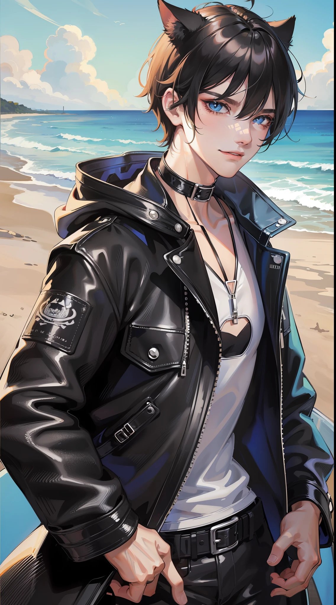 Adult man, short black hair, blue eyes, cat ears, leather raincoat uncovered, beach bright shirt, smirk, masterpiece, high quality