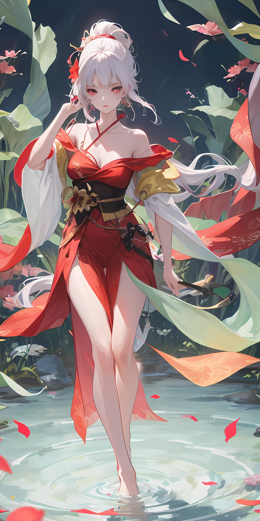close-up, (beautiful girl), stone garlic, flower, (beautiful girl), bust photo, moist lips, sad eyes, skin, long hair, smooth and delicate skin, red clothes, brilliant and colorful, fantasy art, mysticism, dream scene, dream, dream light, seduction, psychedelic, misty halo, (((night))), river bank, full of flowers, dreamy, flying red tiny petals, red fluorescent petals, fluorescent flowers, fluorescent flowing water, standing in the water, shallow water, Master works, extreme detail, displaning correct, correct limbs, accurate, hud, HD, mechanism detail, 8K, red light