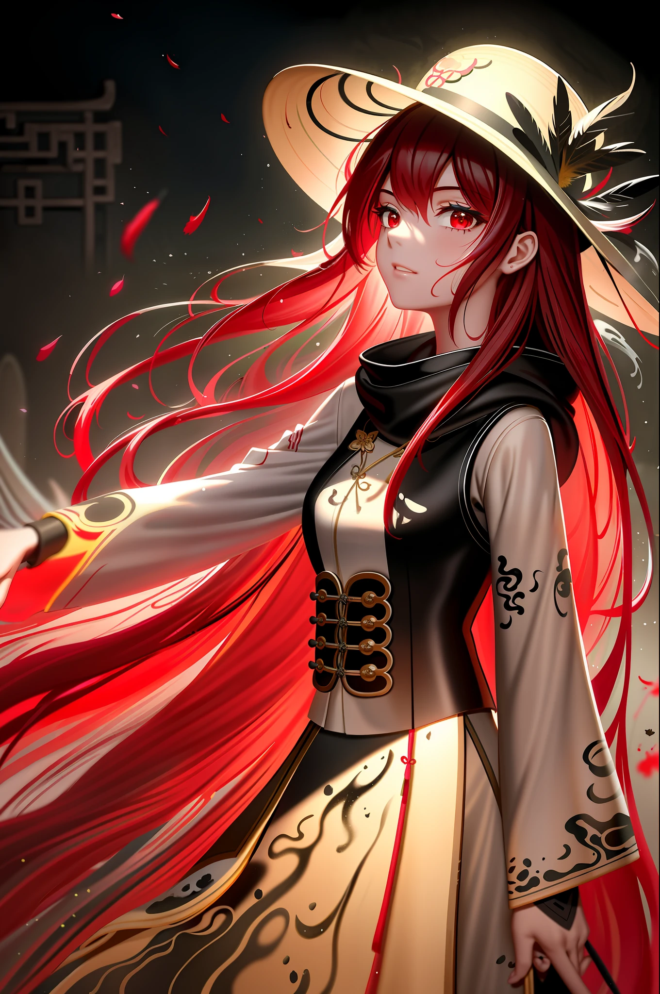 ((best quality)), (((masterpiece))), (highres), original, extremely detailed 8K wallpaper,  [an extremely delicate and beautiful girl who with dark red long hair,dress,scarf,feather and cowboy hat is (heroic battle:1.3)],(beautiful detailed red eyes),world masterpiece theater,steampunk,beautiful detailed garden, fluttered detailed petal, grow, melting, abstract, [a girl who has short hair with long locks,small breast ,messy hair, red eyes,long sleeves ,Taoist robe,oversized clothes is melting and splashing],splash,hyper detailed,backlighting,sand, water,black background, dust clodust,water splash,
(((Ink painting style))),(((Chinese Brush Painting))),