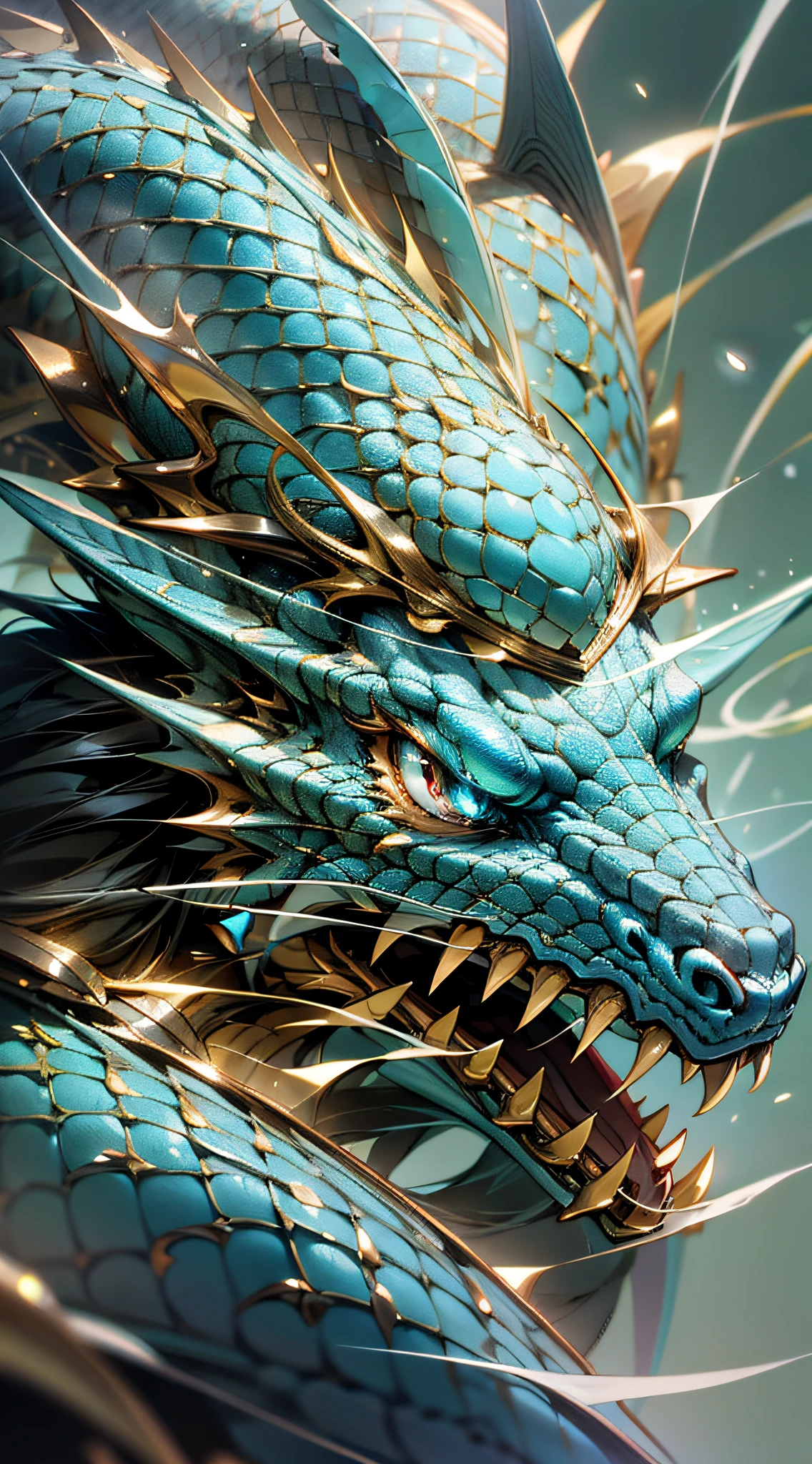 Highest image quality, ultra HD, masterpiece, a cyan Chinese dragon, divine dragon, slender dragon whiskers, dragon eye special effect light, extremely beautiful layered scales, light and shadow, particle light, particle special effects, aesthetic romance, dream highest quality, ultra HD, masterpiece, exquisite CG, face face exquisite details, rich picture layers, open mouth, clear outline, face close-up, beautiful, perfect details, best quality, highest quality, high resolution, HD, 16k, 8k, UHD, HD, HD